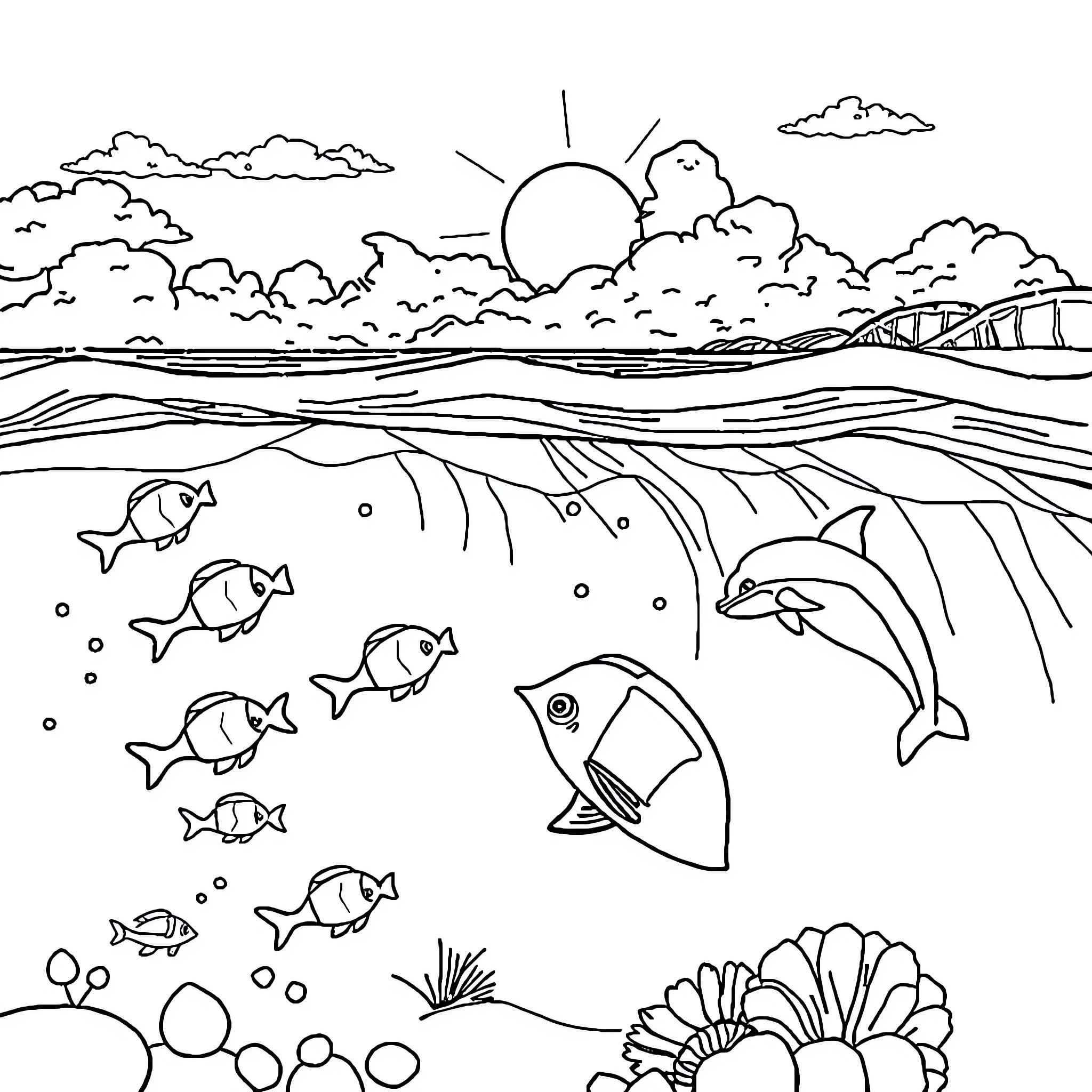 Sea Animal Playful Underwater Scene with Dolphins and Fish Coloring Page (free black-and-white line drawing printable PDF for all, from beginners to advanced learners, including children, teens, adults, and seniors)