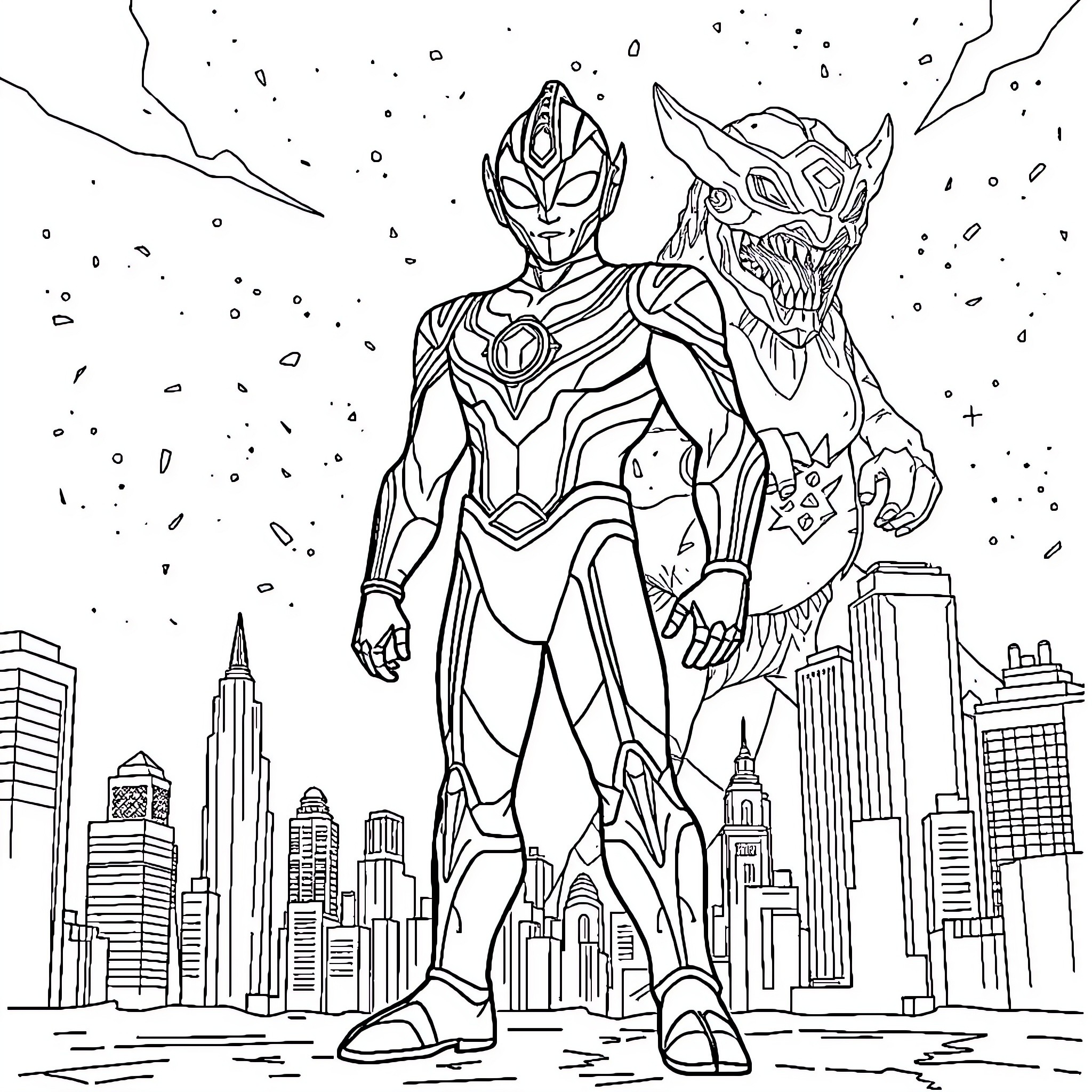 Ultraman battling a monstrous foe in the city Coloring Page (free black-and-white line drawing printable PDF for all, from beginners to advanced learners, including children, teens, adults, and seniors)