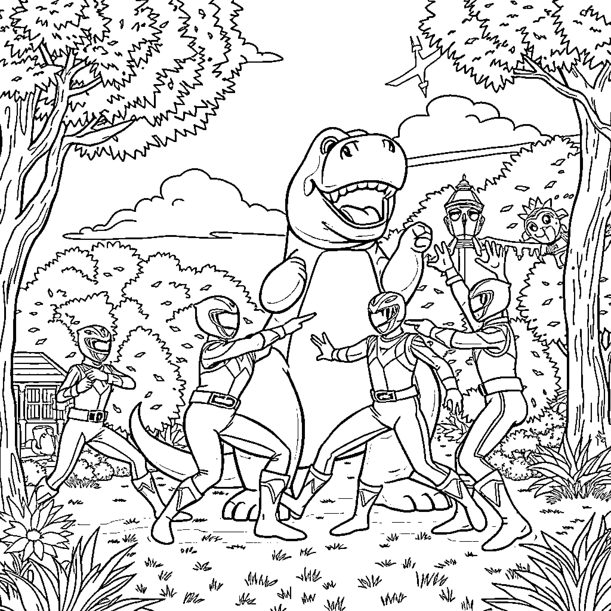 Power Rangers Battling Prehistoric Creatures in the Wilderness Coloring Page (free black-and-white line drawing printable PDF for all, from beginners to advanced learners, including children, teens, adults, and seniors)