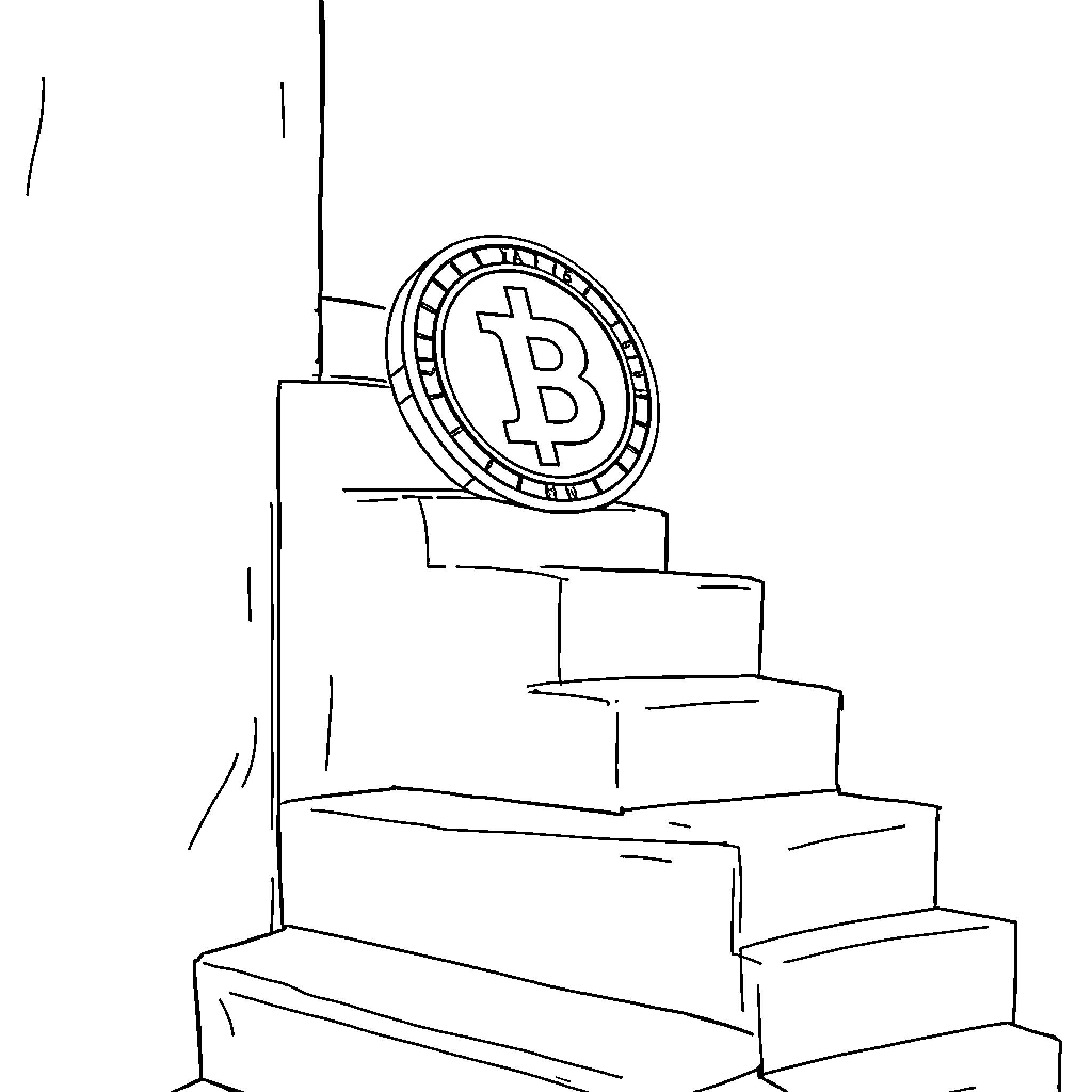 Coin cryptocurrency on stacked boxes Coloring Page (free black-and-white line drawing printable PDF for all, from beginners to advanced learners, including children, teens, adults, and seniors)