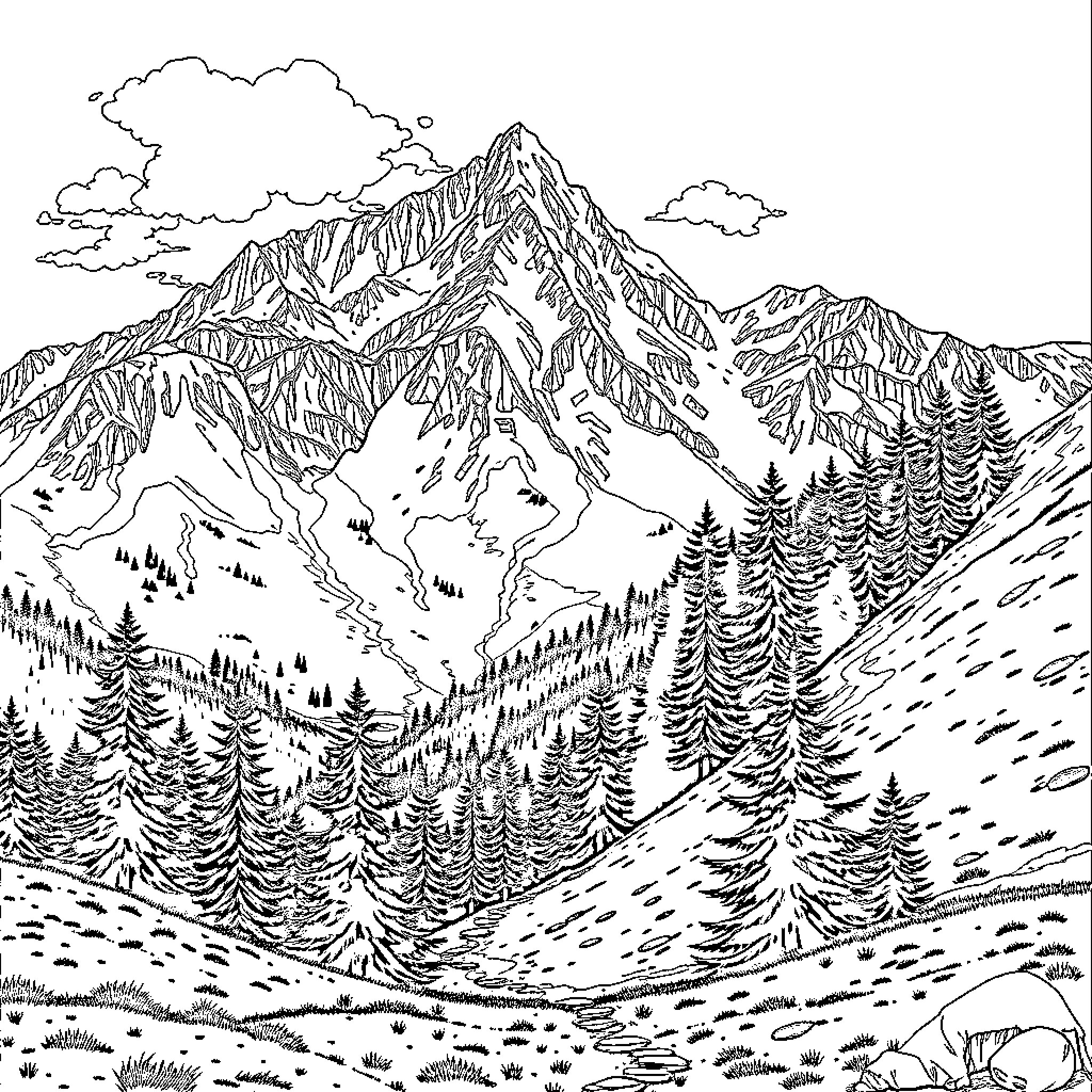 Mountain landscape with pine forests and wildlife Coloring Page (free black-and-white line drawing printable PDF for all, from beginners to advanced learners, including children, teens, adults, and seniors)