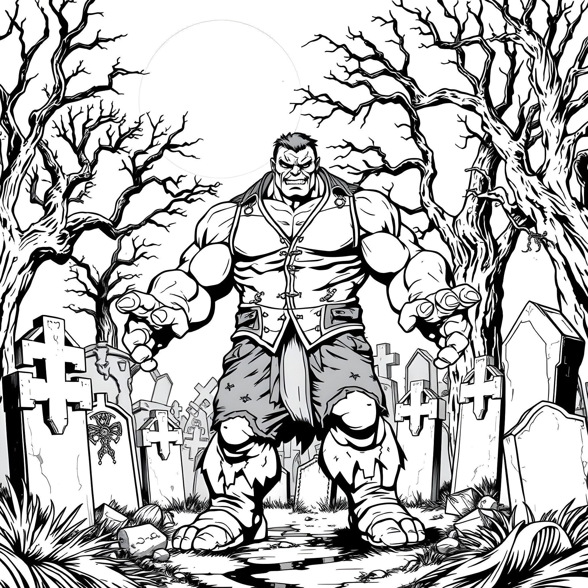 Skulk of the Muscular Monster in the Haunted Graveyard Coloring Page (free black-and-white line drawing printable PDF for all, from beginners to advanced learners, including children, teens, adults, and seniors)