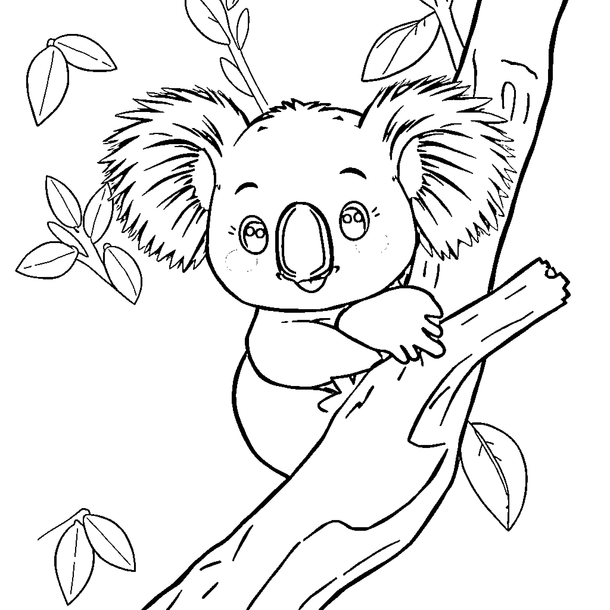 Koala climbing a tree in the forest Coloring Page (free black-and-white line drawing printable PDF for all, from beginners to advanced learners, including children, teens, adults, and seniors)