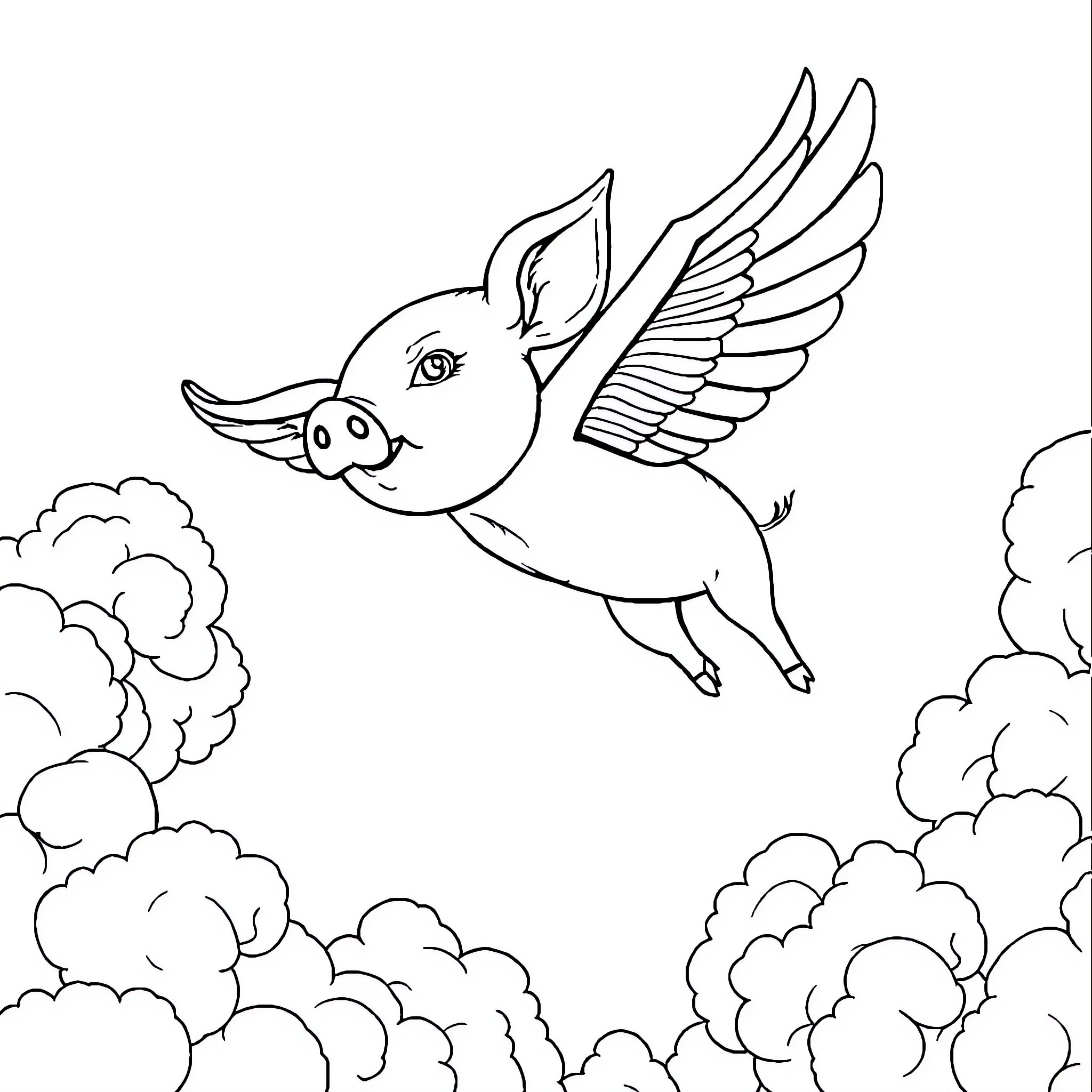 Flying Pig soaring through the clouds Coloring Page (free black-and-white line drawing printable PDF for all, from beginners to advanced learners, including children, teens, adults, and seniors)