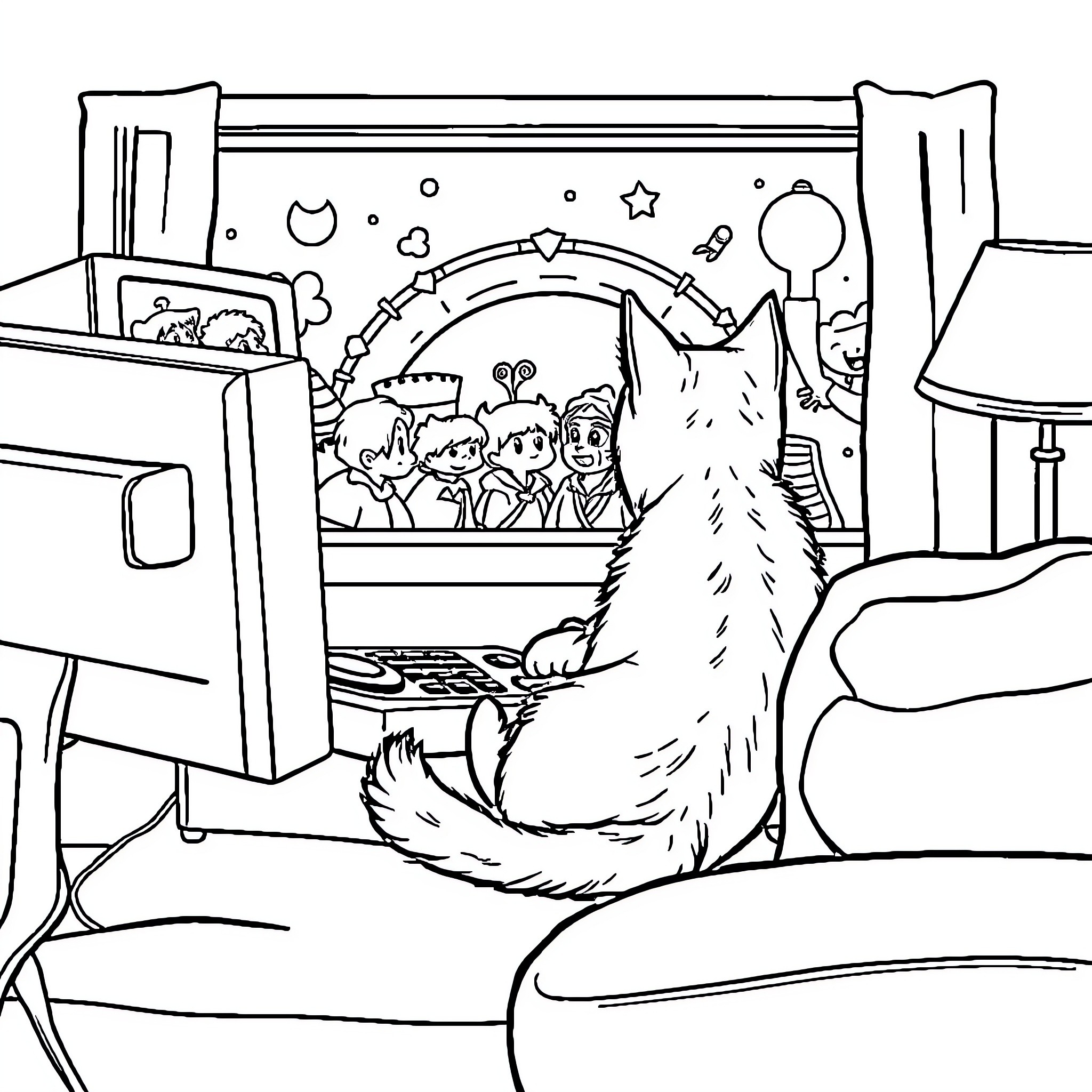 Cat Watching TV in Cozy Living Room Coloring Page (free black-and-white line drawing printable PDF for all, from beginners to advanced learners, including children, teens, adults, and seniors)