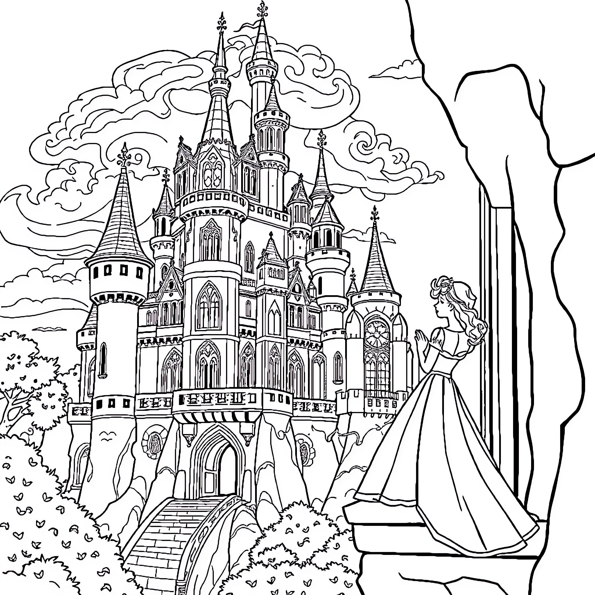 Château of a Fairytale Princess's Wondrous Abode Coloring Page (free black-and-white line drawing printable PDF for all, from beginners to advanced learners, including children, teens, adults, and seniors)