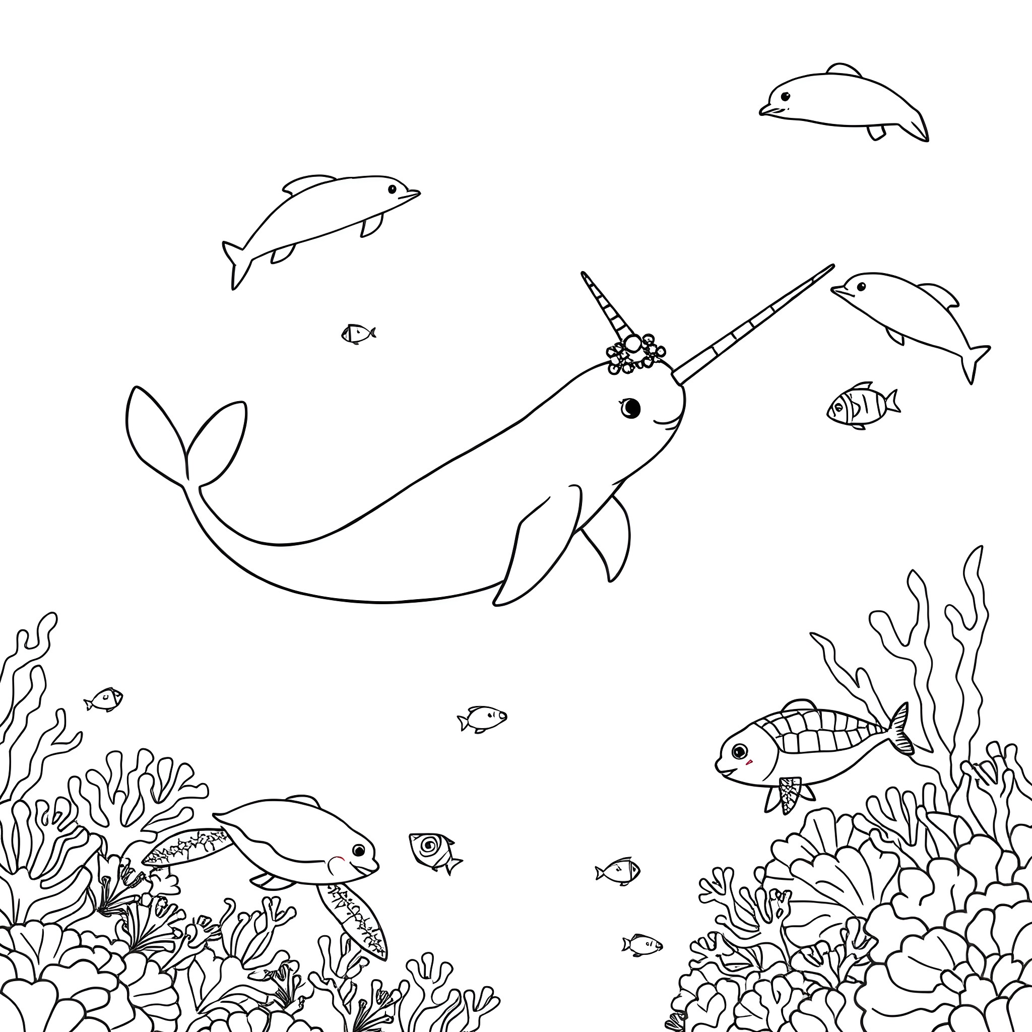 Narwhal and marine creatures exploring underwater coral reef Coloring Page (free black-and-white line drawing printable PDF for all, from beginners to advanced learners, including children, teens, adults, and seniors)