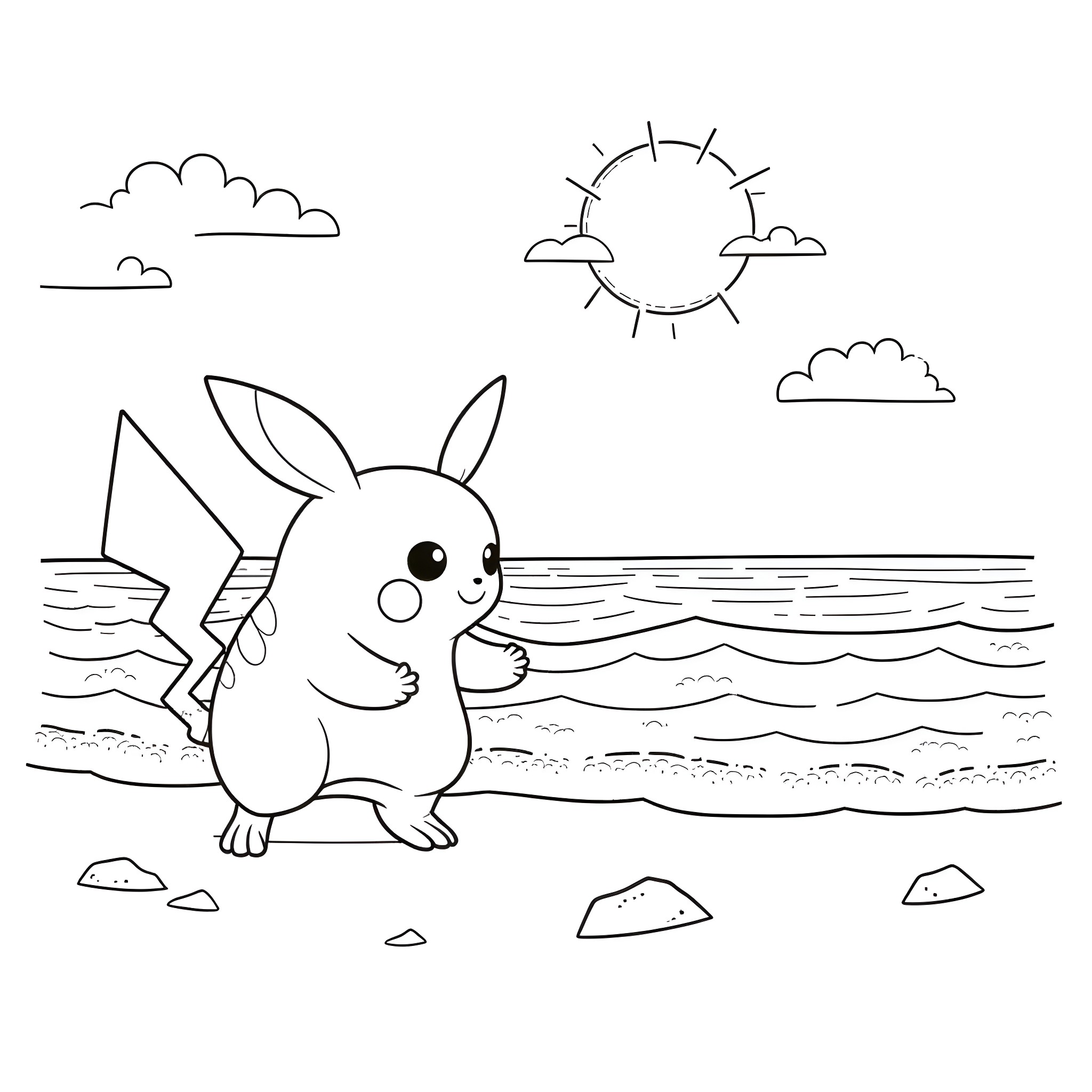 Pikachu enjoying the sunny beach scene Coloring Page (free black-and-white line drawing printable PDF for all, from beginners to advanced learners, including children, teens, adults, and seniors)