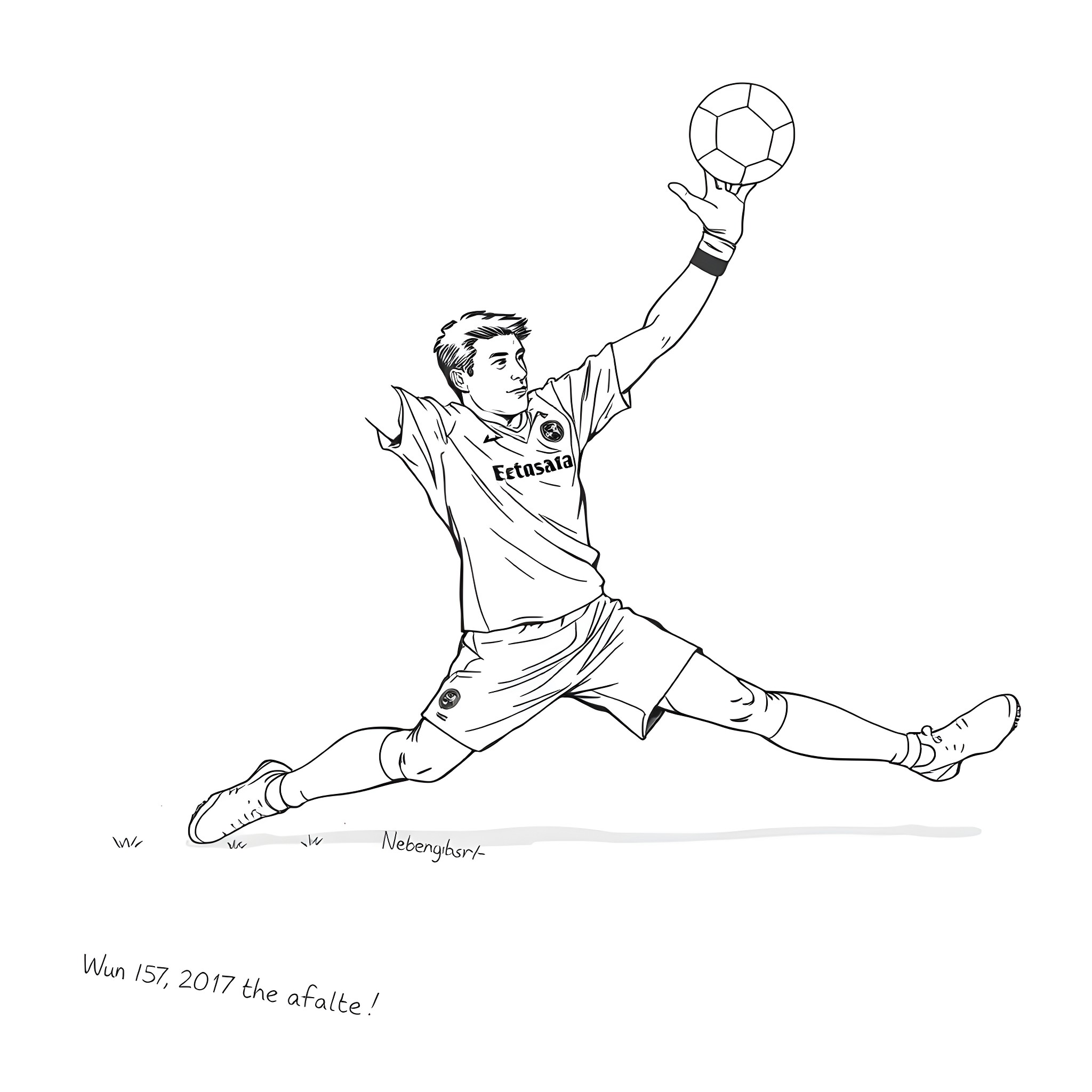 Patrick Schulte Jumping to Catch a Soccer Ball Coloring Page (free black-and-white line drawing printable PDF for all, from beginners to advanced learners, including children, teens, adults, and seniors)