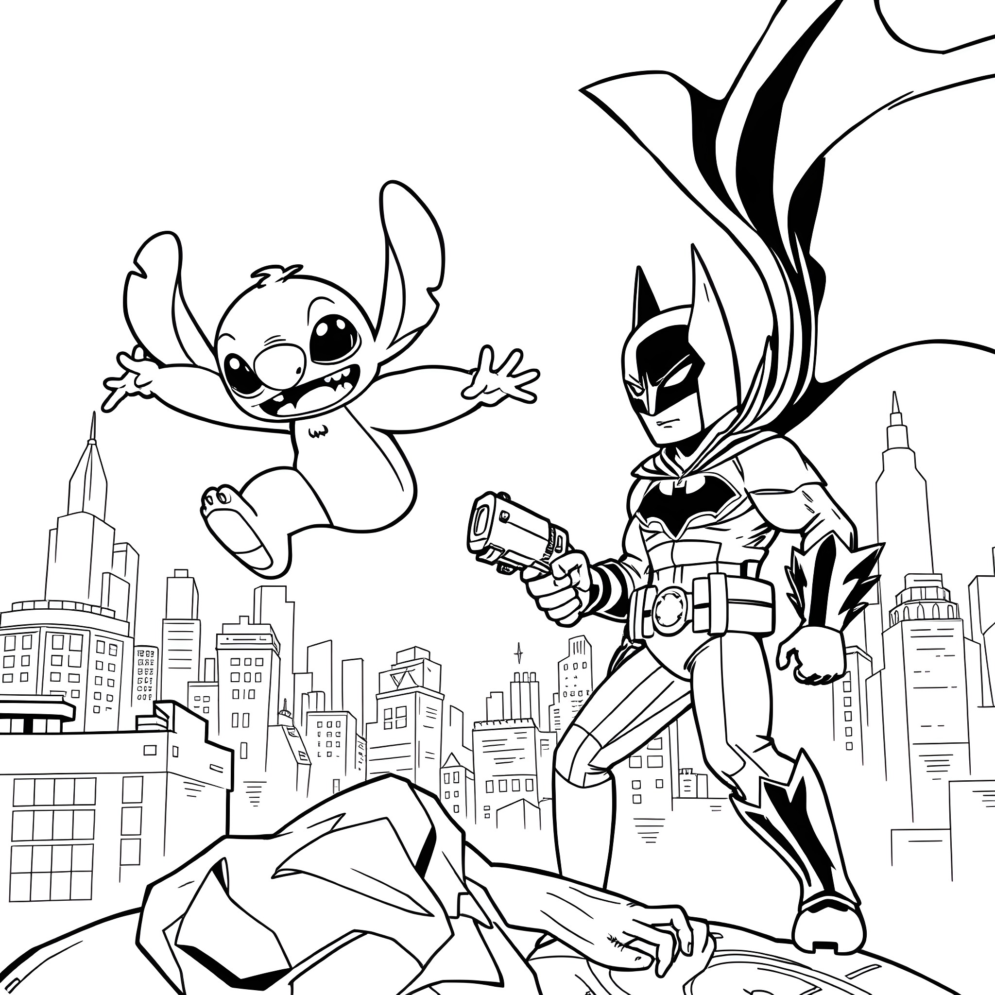 Stitch and Batman take on the city Coloring Page (free black-and-white line drawing printable PDF for all, from beginners to advanced learners, including children, teens, adults, and seniors)