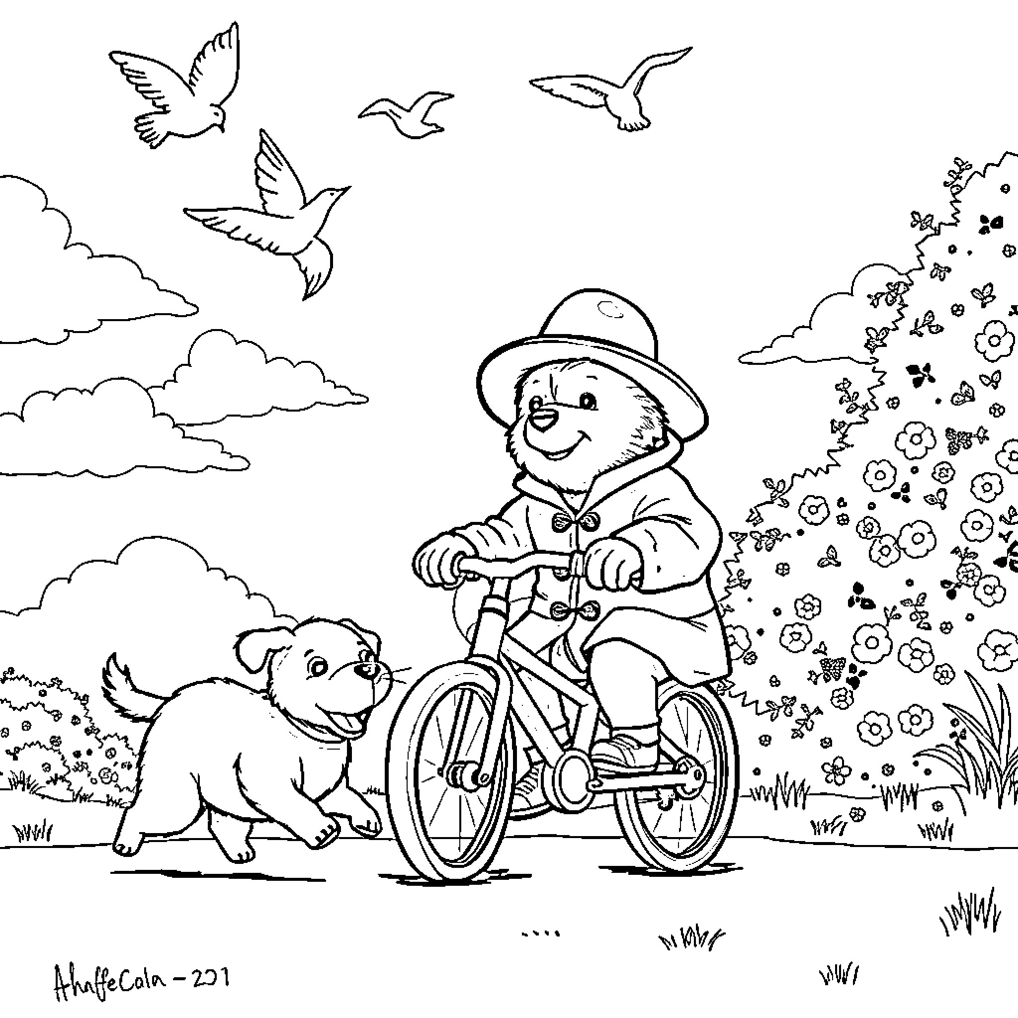 Paddington Bear rides bike with dog in nature Coloring Page (free black-and-white line drawing printable PDF for all, from beginners to advanced learners, including children, teens, adults, and seniors)