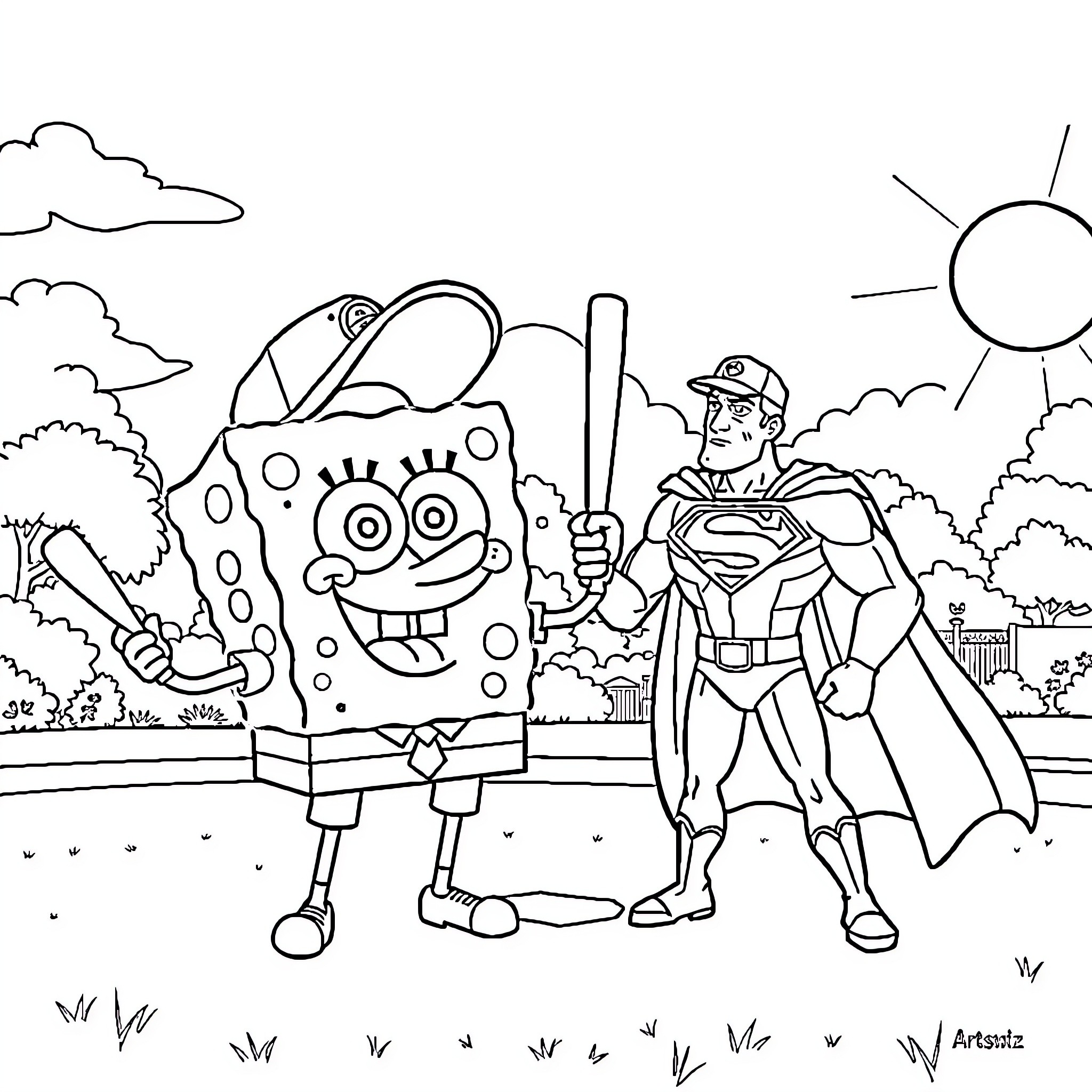 Spongebob meets a Superhero in a park setting Coloring Page (free black-and-white line drawing printable PDF for all, from beginners to advanced learners, including children, teens, adults, and seniors)