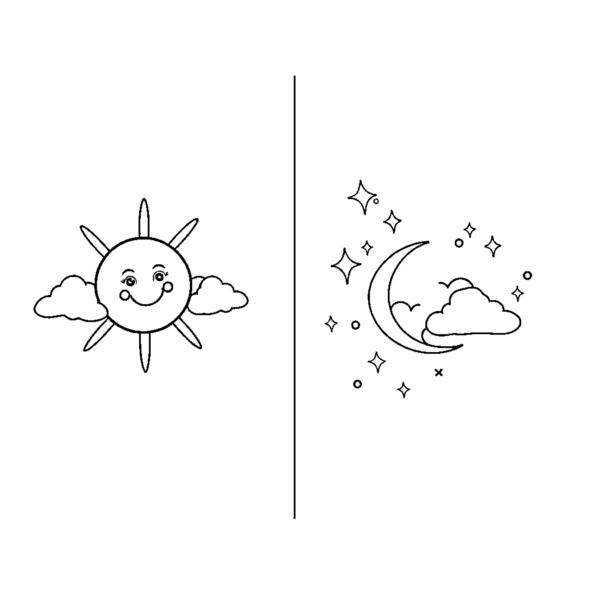 Sun and Moon sharing the sky Coloring Page (free black-and-white line drawing printable PDF for all, from beginners to advanced learners, including children, teens, adults, and seniors)
