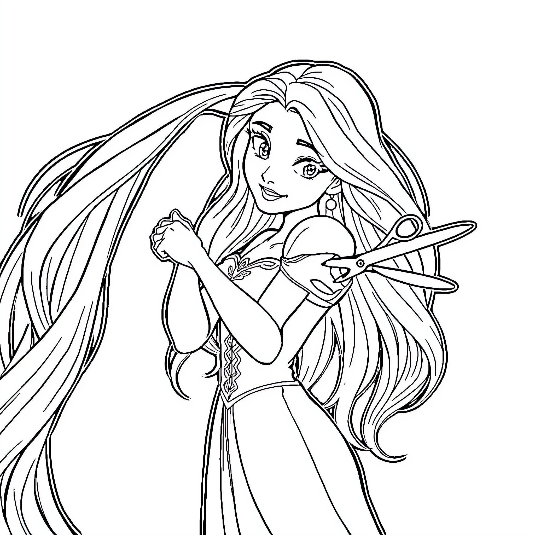Rapunzel playing with a flute Coloring Page (free black-and-white line drawing printable PDF for all, from beginners to advanced learners, including children, teens, adults, and seniors)