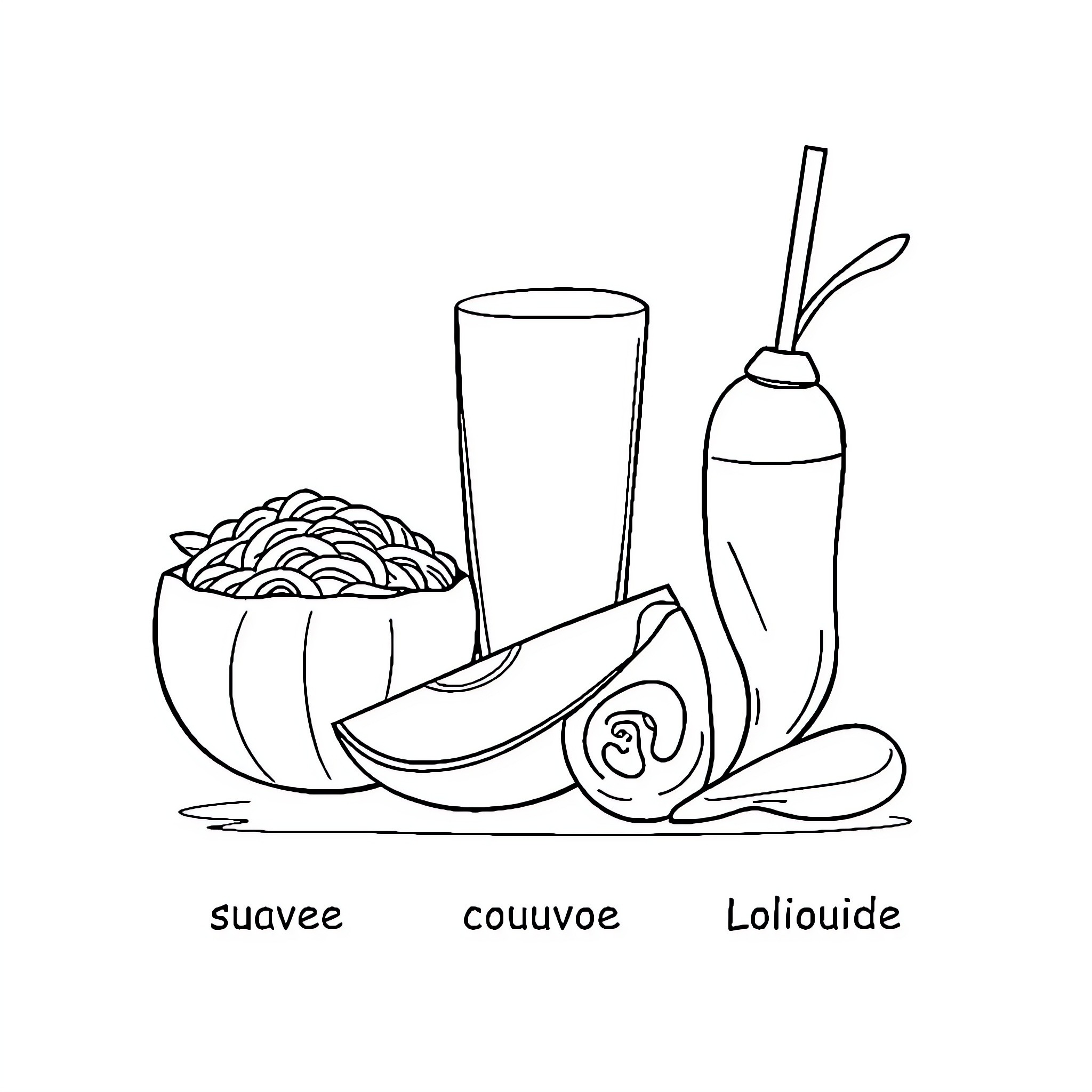 Food items arranged in a simple still life Coloring Page (free black-and-white line drawing printable PDF for all, from beginners to advanced learners, including children, teens, adults, and seniors)
