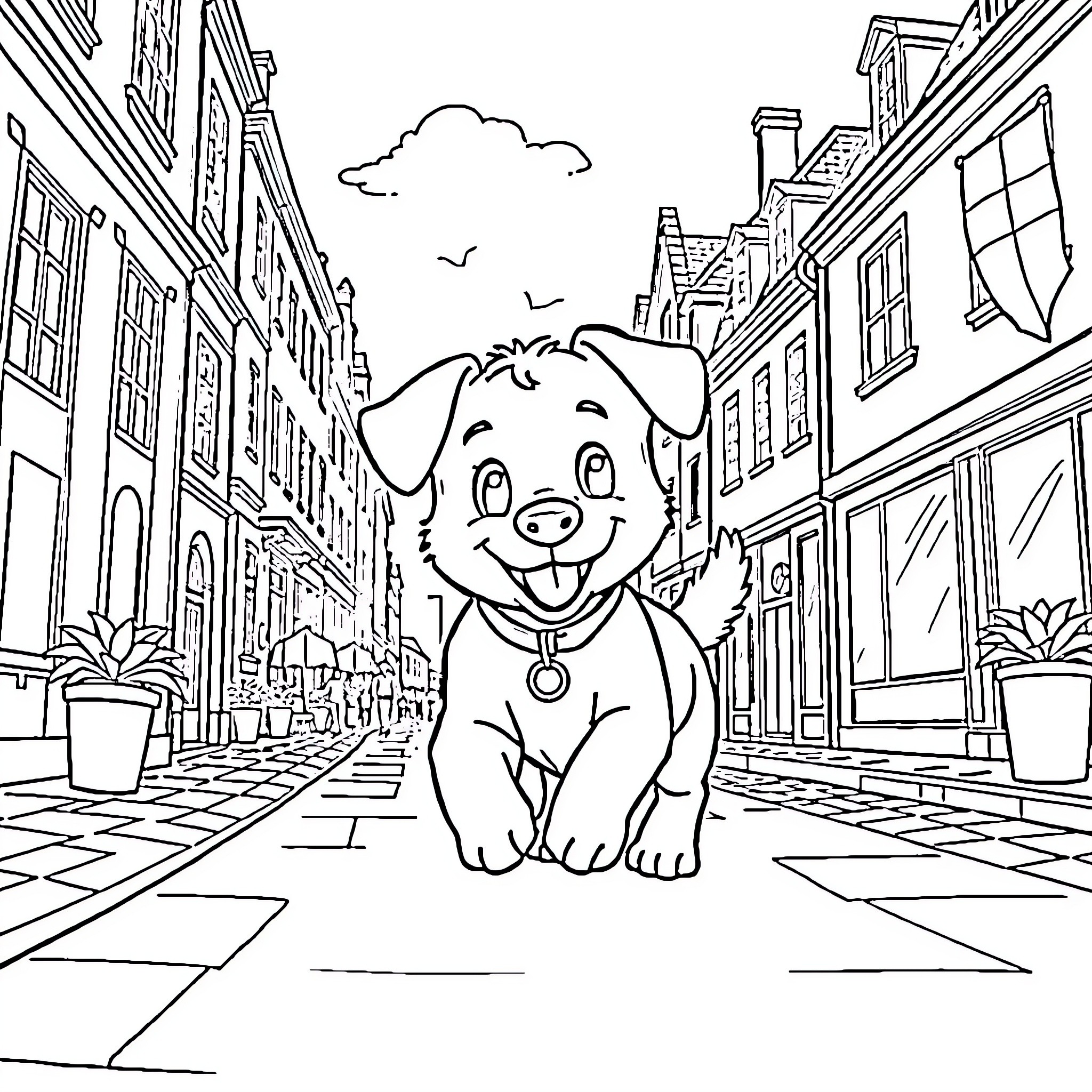 Bluey exploring the city streets Coloring Page (free black-and-white line drawing printable PDF for all, from beginners to advanced learners, including children, teens, adults, and seniors)