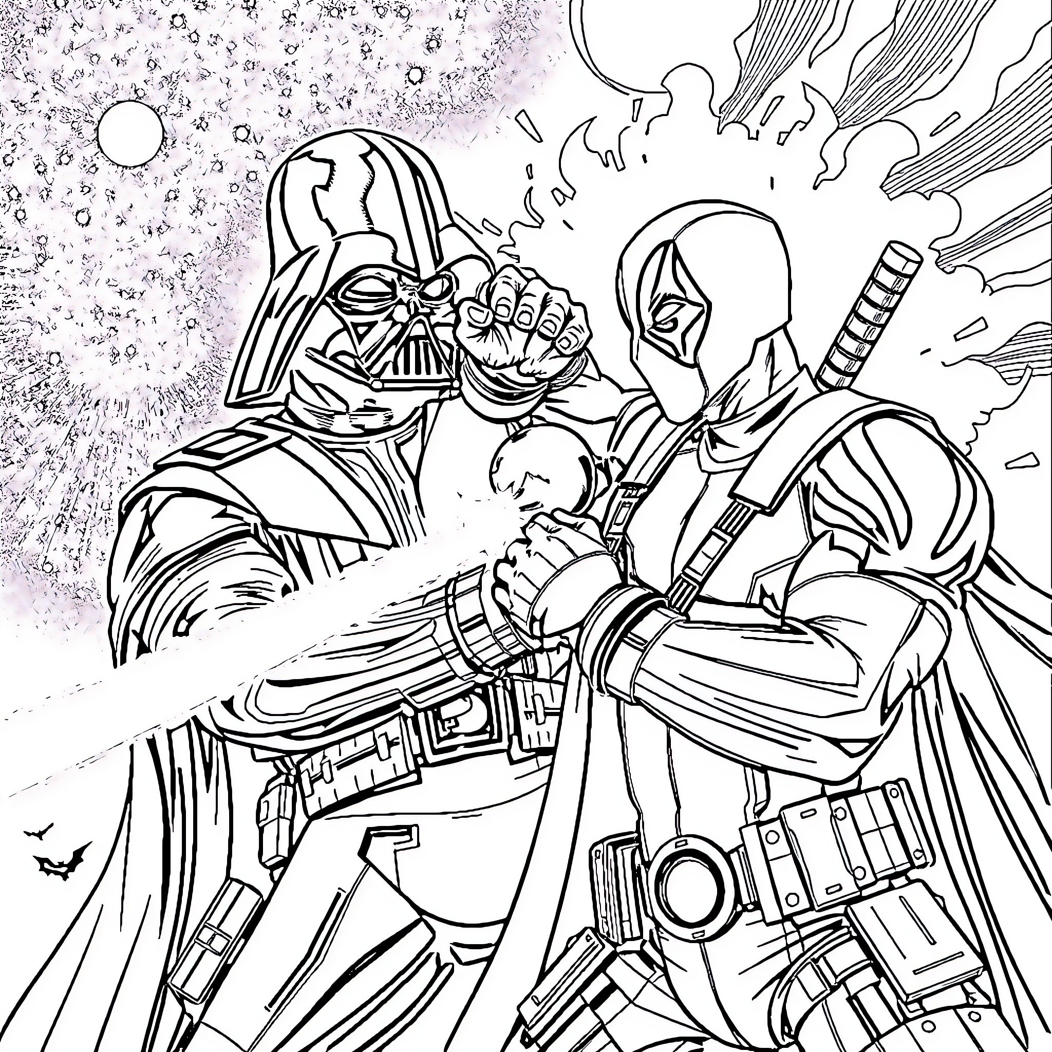 Deadpool Fighting Darth Vader in a Cosmic Battle Coloring Page (free black-and-white line drawing printable PDF for all, from beginners to advanced learners, including children, teens, adults, and seniors)