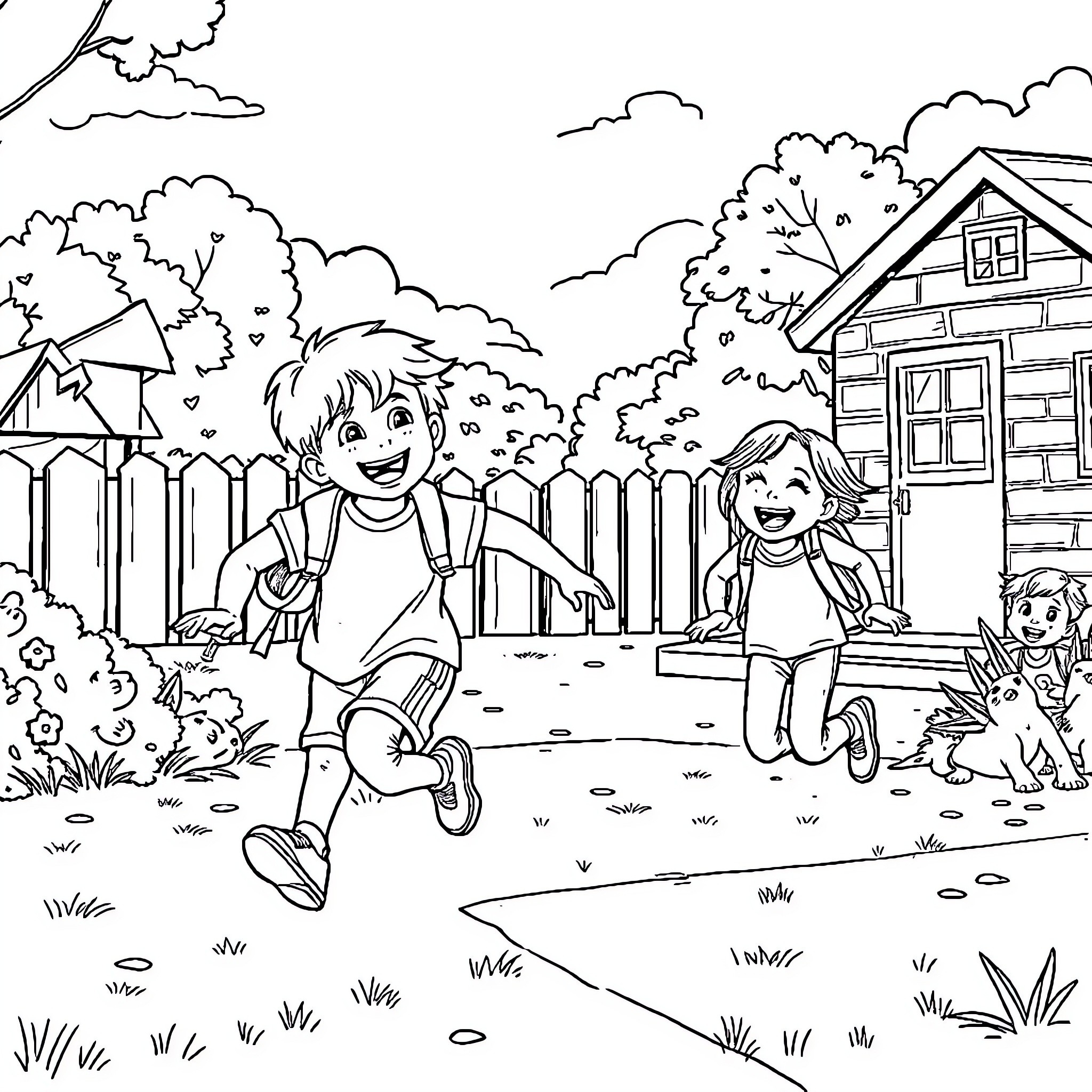 Child playing and running outdoors in the neighborhood Coloring Page (free black-and-white line drawing printable PDF for all, from beginners to advanced learners, including children, teens, adults, and seniors)