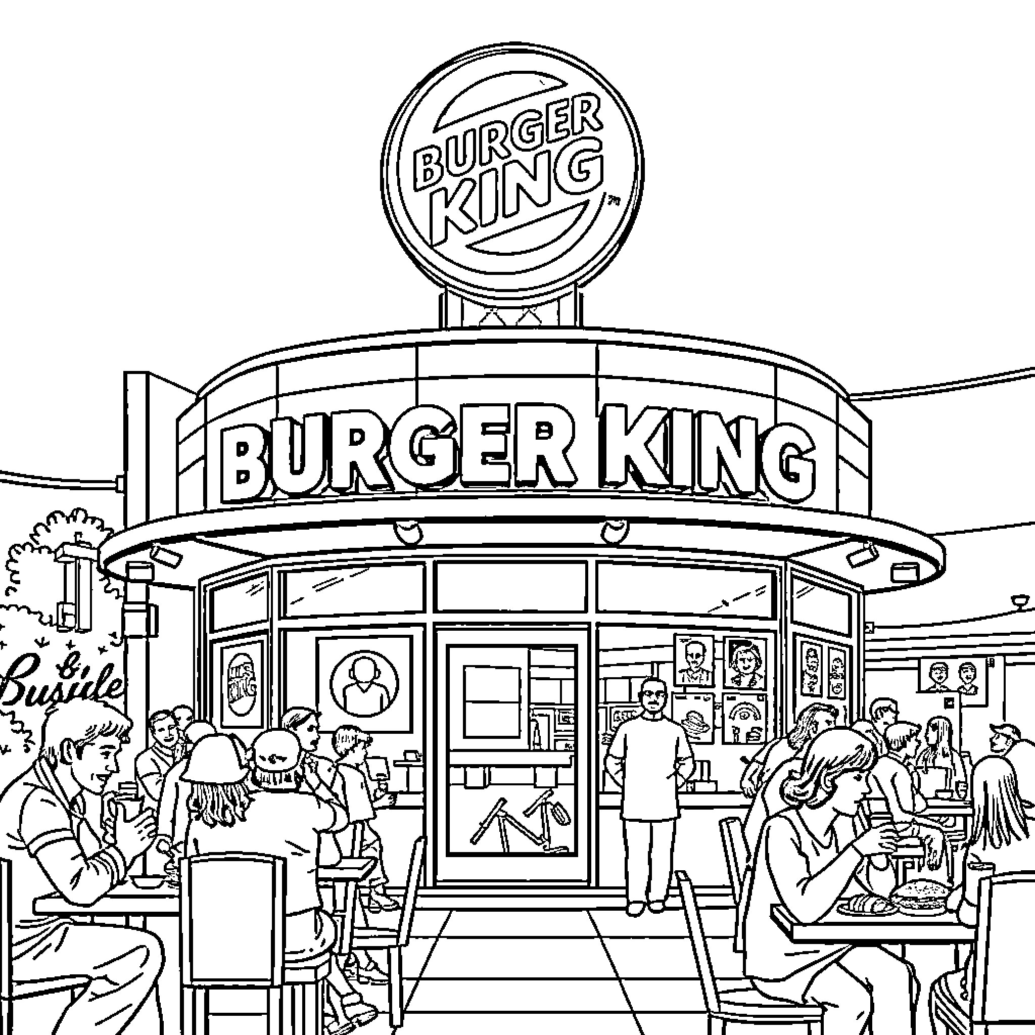 Burger King restaurant with customers enjoying meals Coloring Page (free black-and-white line drawing printable PDF for all, from beginners to advanced learners, including children, teens, adults, and seniors)