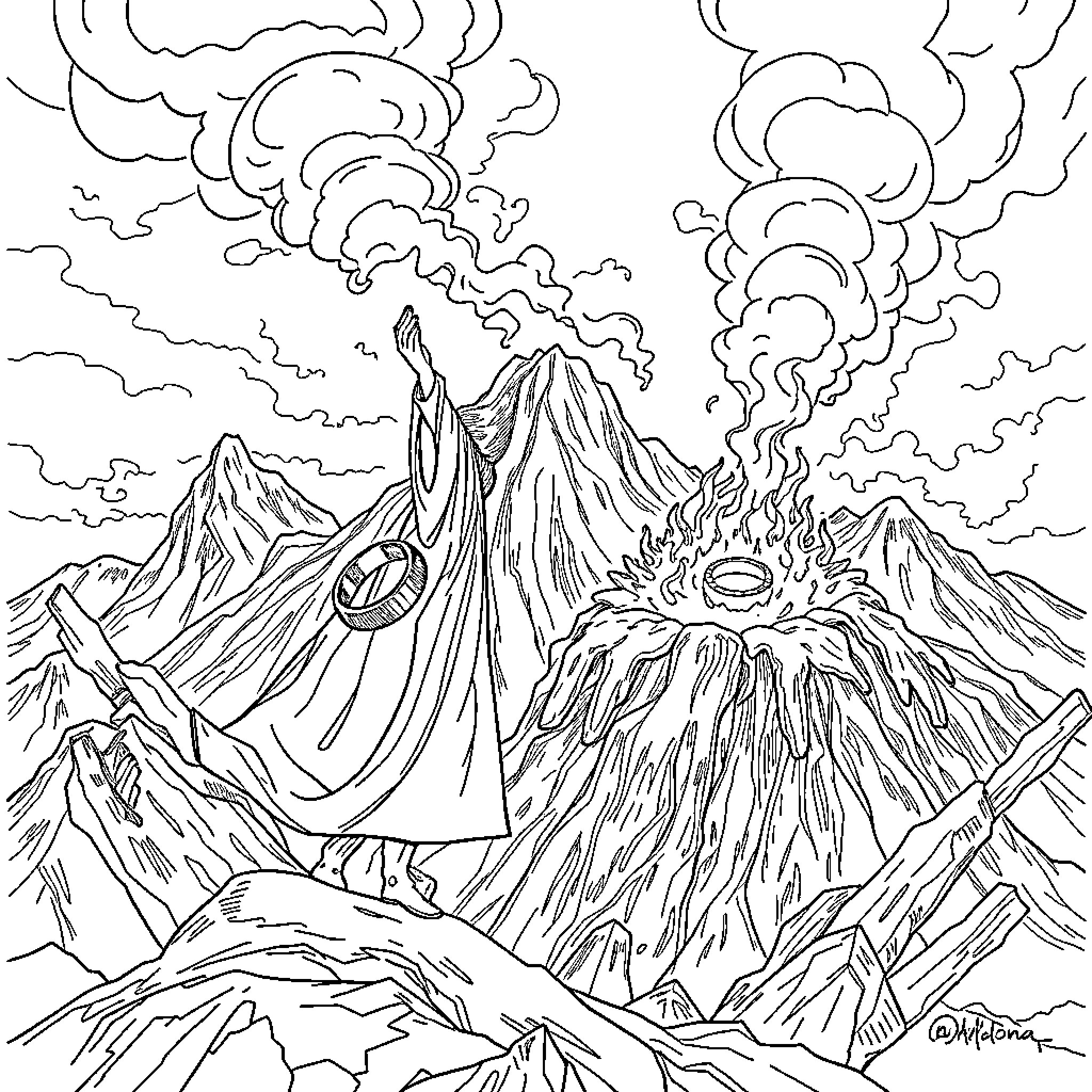 Frodo facing the erupting Mount Doom with determination Coloring Page (free black-and-white line drawing printable PDF for all, from beginners to advanced learners, including children, teens, adults, and seniors)