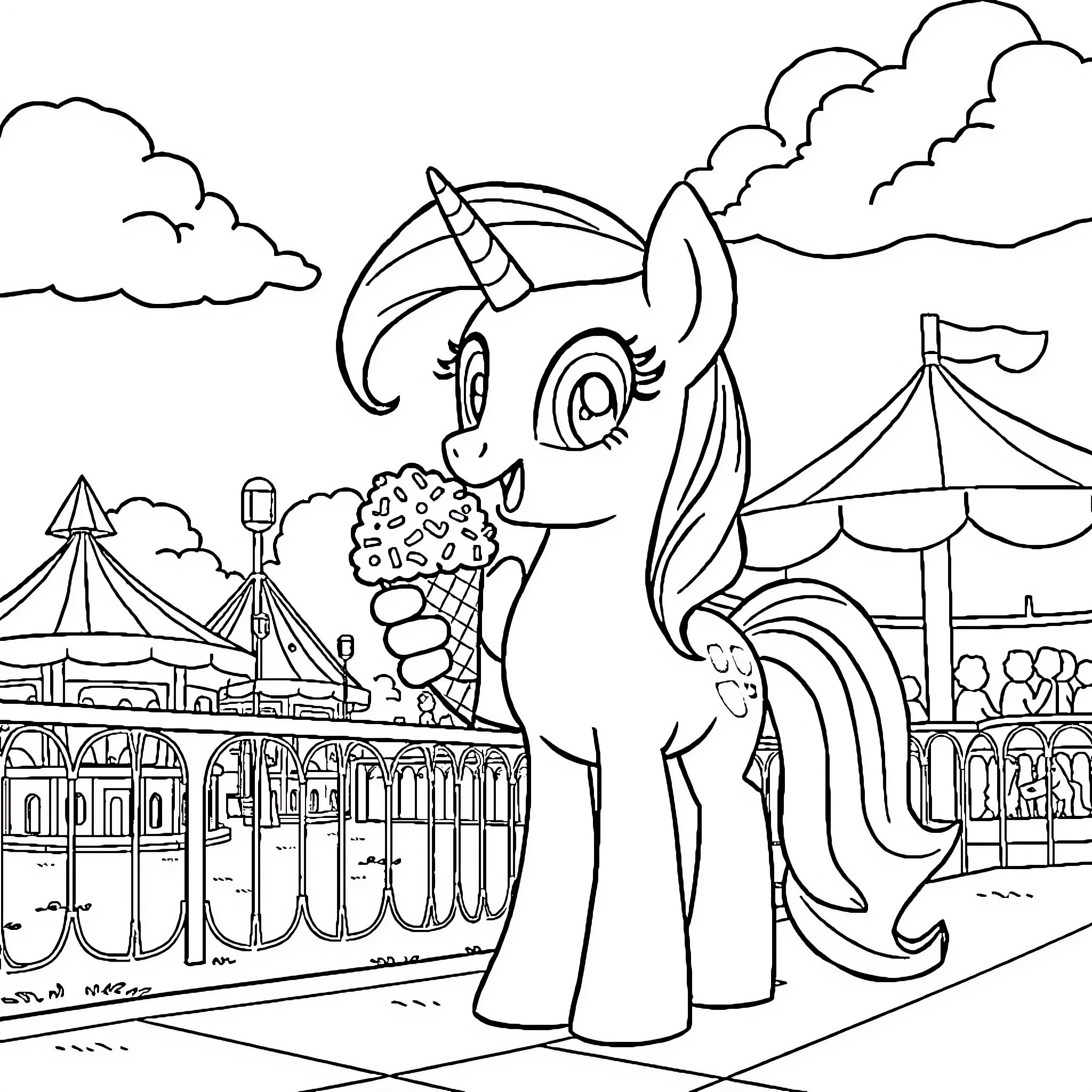 Fluttershy's Carnival Adventure Coloring Page (free black-and-white line drawing printable PDF for all, from beginners to advanced learners, including children, teens, adults, and seniors)