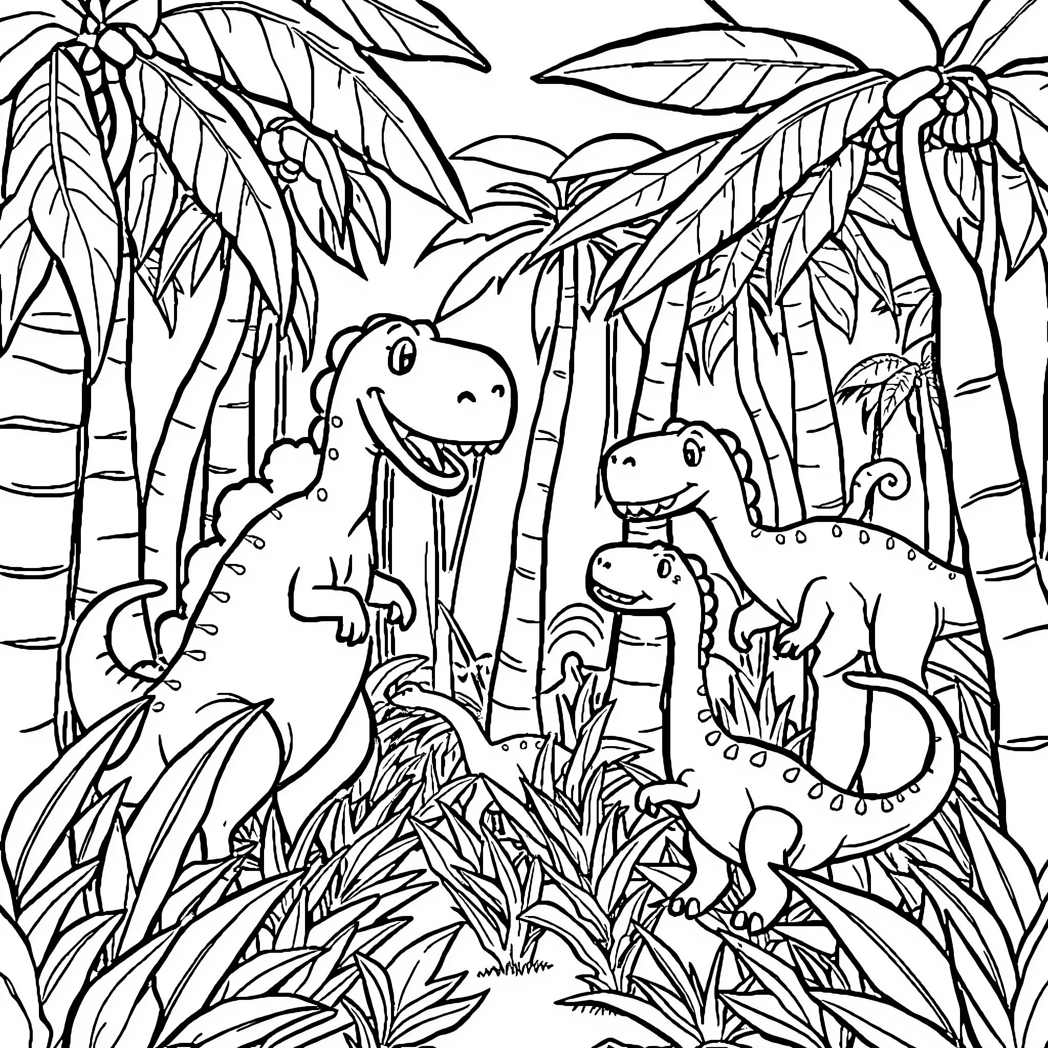 Dinosaurs exploring the tropical jungle Coloring Page (free black-and-white line drawing printable PDF for all, from beginners to advanced learners, including children, teens, adults, and seniors)
