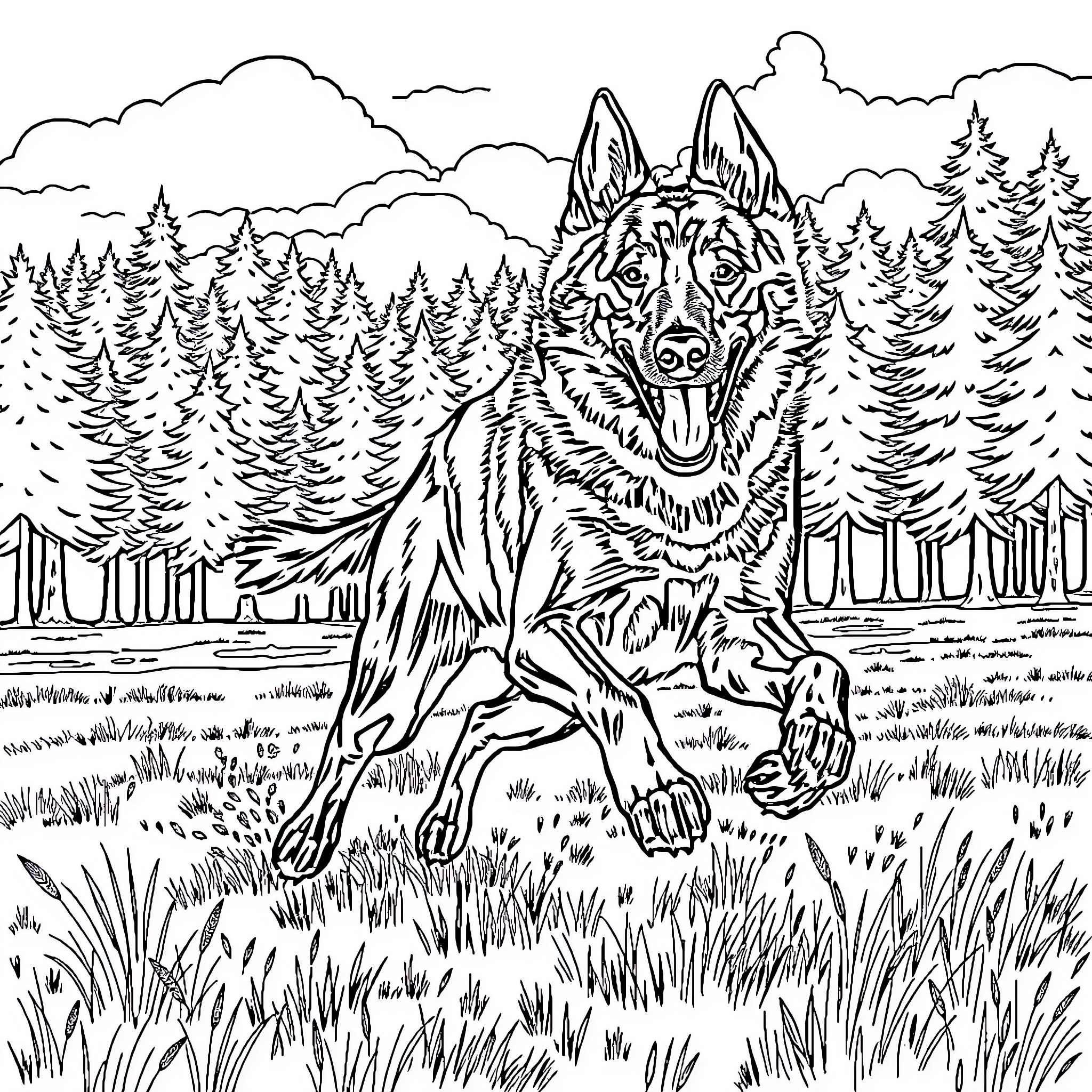 German Hunting Dog Exploring the Wilderness Coloring Page (free black-and-white line drawing printable PDF for all, from beginners to advanced learners, including children, teens, adults, and seniors)