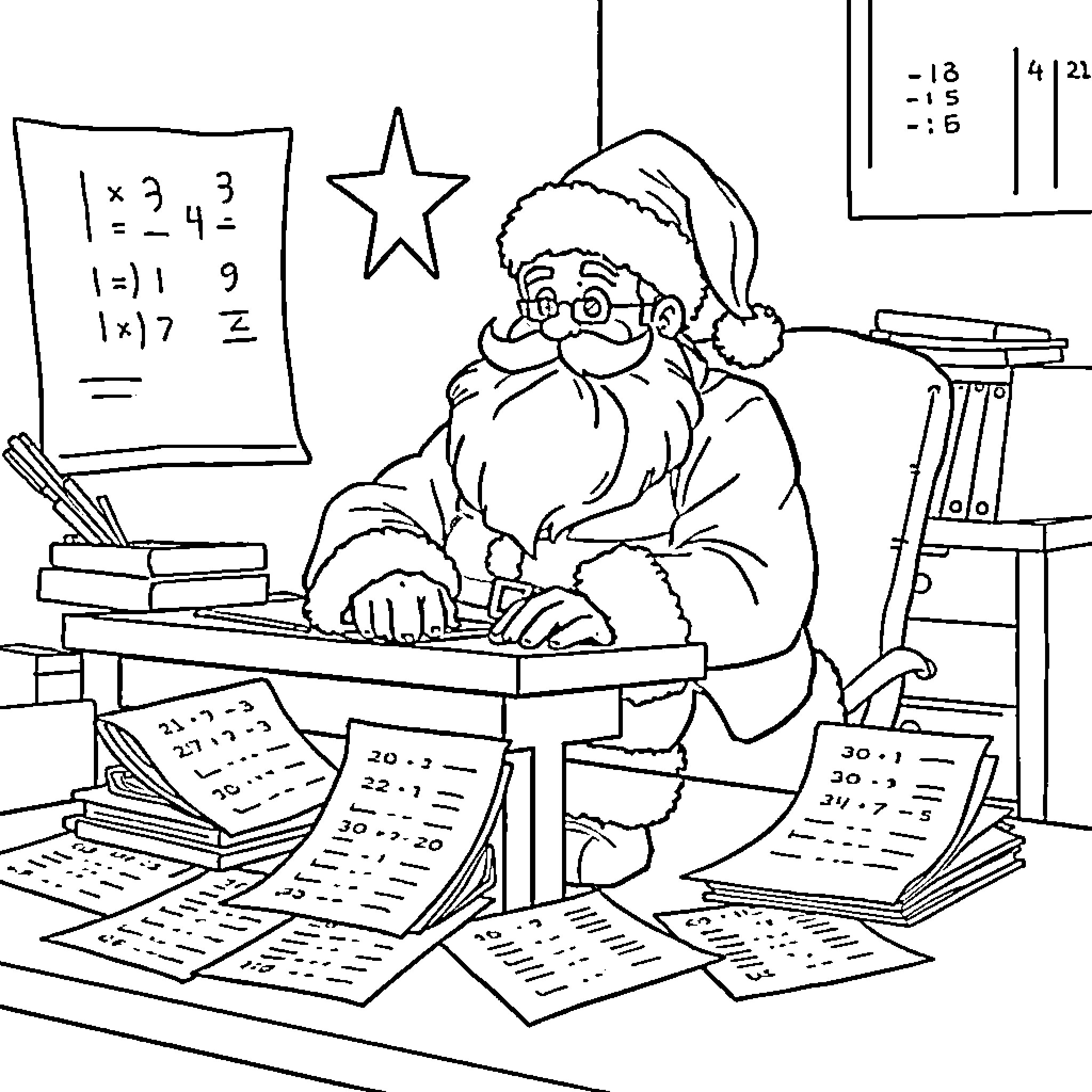 Santa Claus working diligently on math problems Coloring Page (free black-and-white line drawing printable PDF for all, from beginners to advanced learners, including children, teens, adults, and seniors)