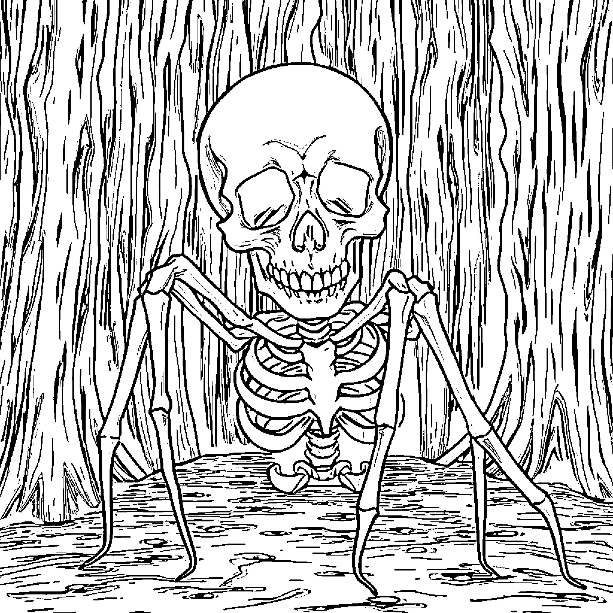 Skeleton creeping through the forest Coloring Page (free black-and-white line drawing printable PDF for all, from beginners to advanced learners, including children, teens, adults, and seniors)