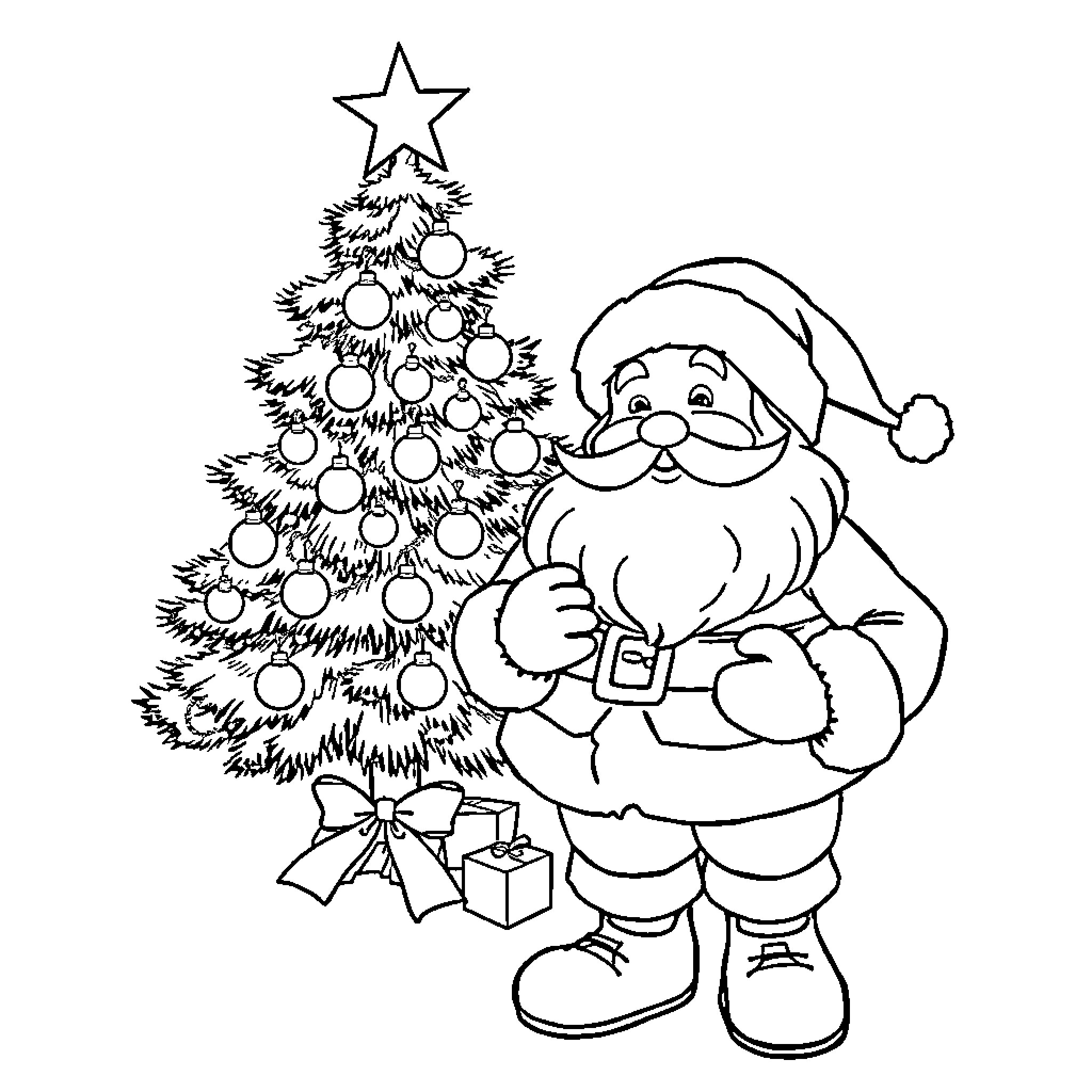 Santa Claus decorating Christmas tree with presents Coloring Page (free black-and-white line drawing printable PDF for all, from beginners to advanced learners, including children, teens, adults, and seniors)