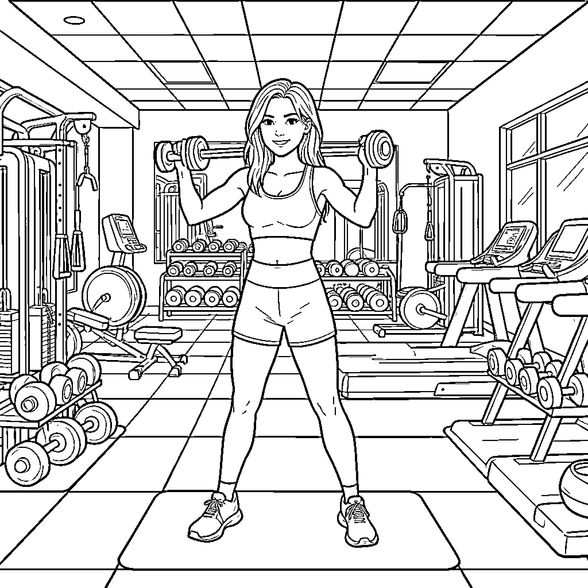 Sadie Sink working out in a fitness gym Coloring Page (free black-and-white line drawing printable PDF for all, from beginners to advanced learners, including children, teens, adults, and seniors)