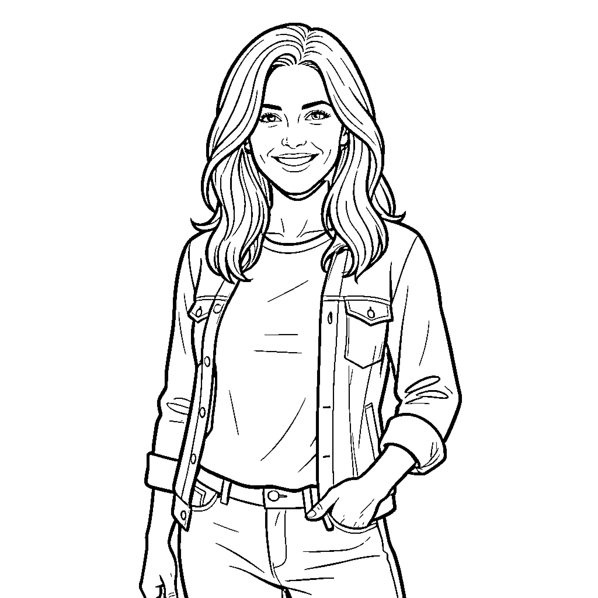 Woman with long hair smiling and standing in casual outfit Coloring Page (free black-and-white line drawing printable PDF for all, from beginners to advanced learners, including children, teens, adults, and seniors)
