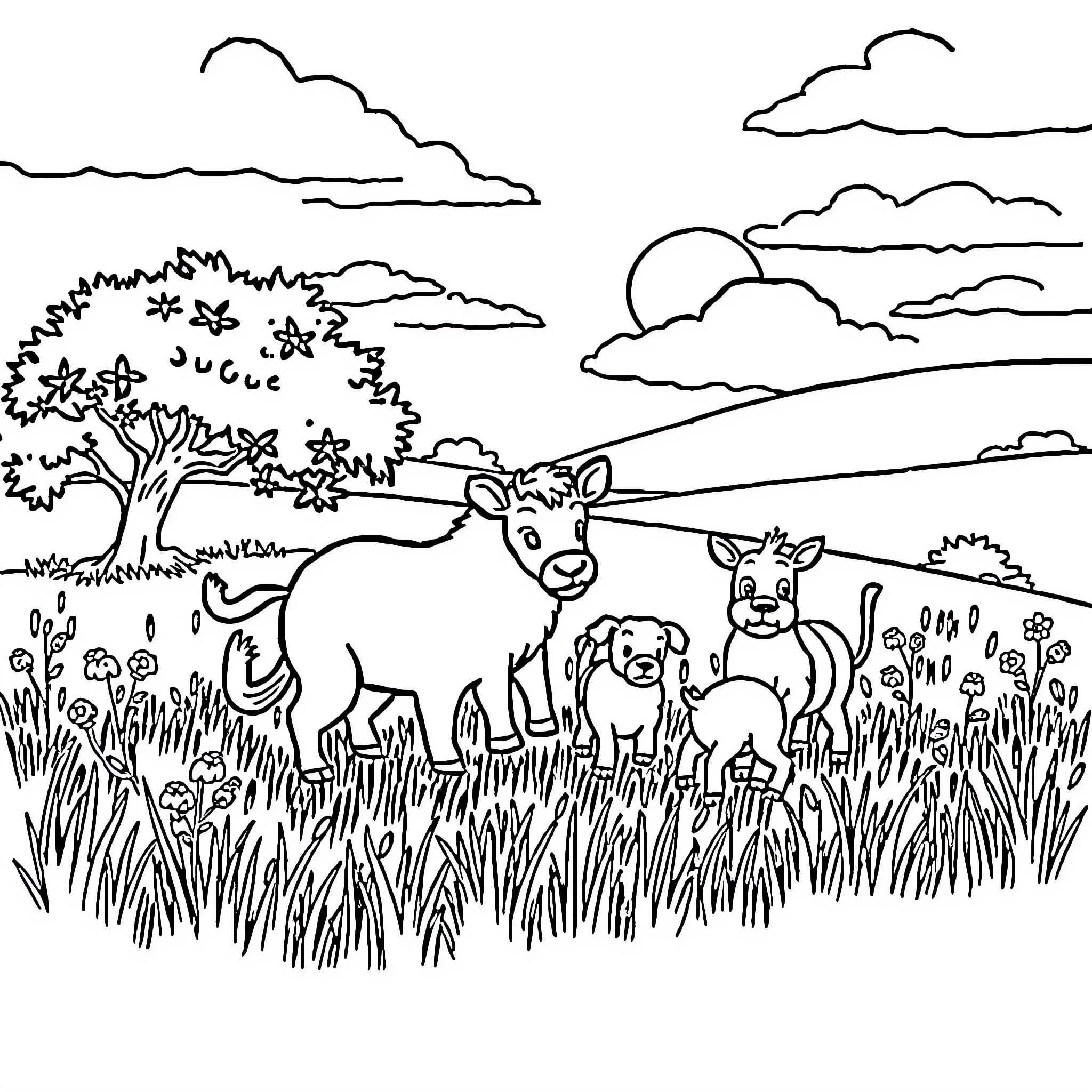 Animal family enjoying scenic landscape Coloring Page (free black-and-white line drawing printable PDF for all, from beginners to advanced learners, including children, teens, adults, and seniors)