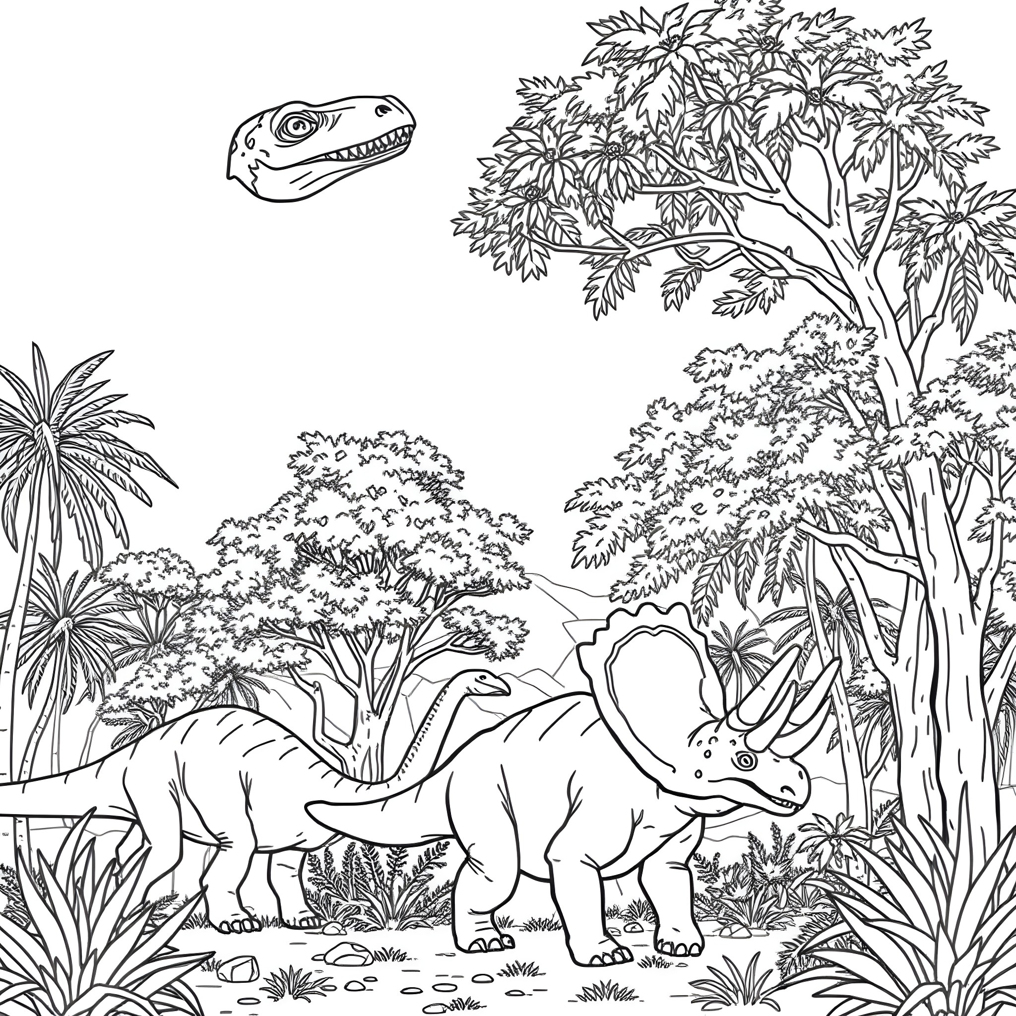 Dinosaur roaming in lush prehistoric jungle landscape Coloring Page (free black-and-white line drawing printable PDF for all, from beginners to advanced learners, including children, teens, adults, and seniors)