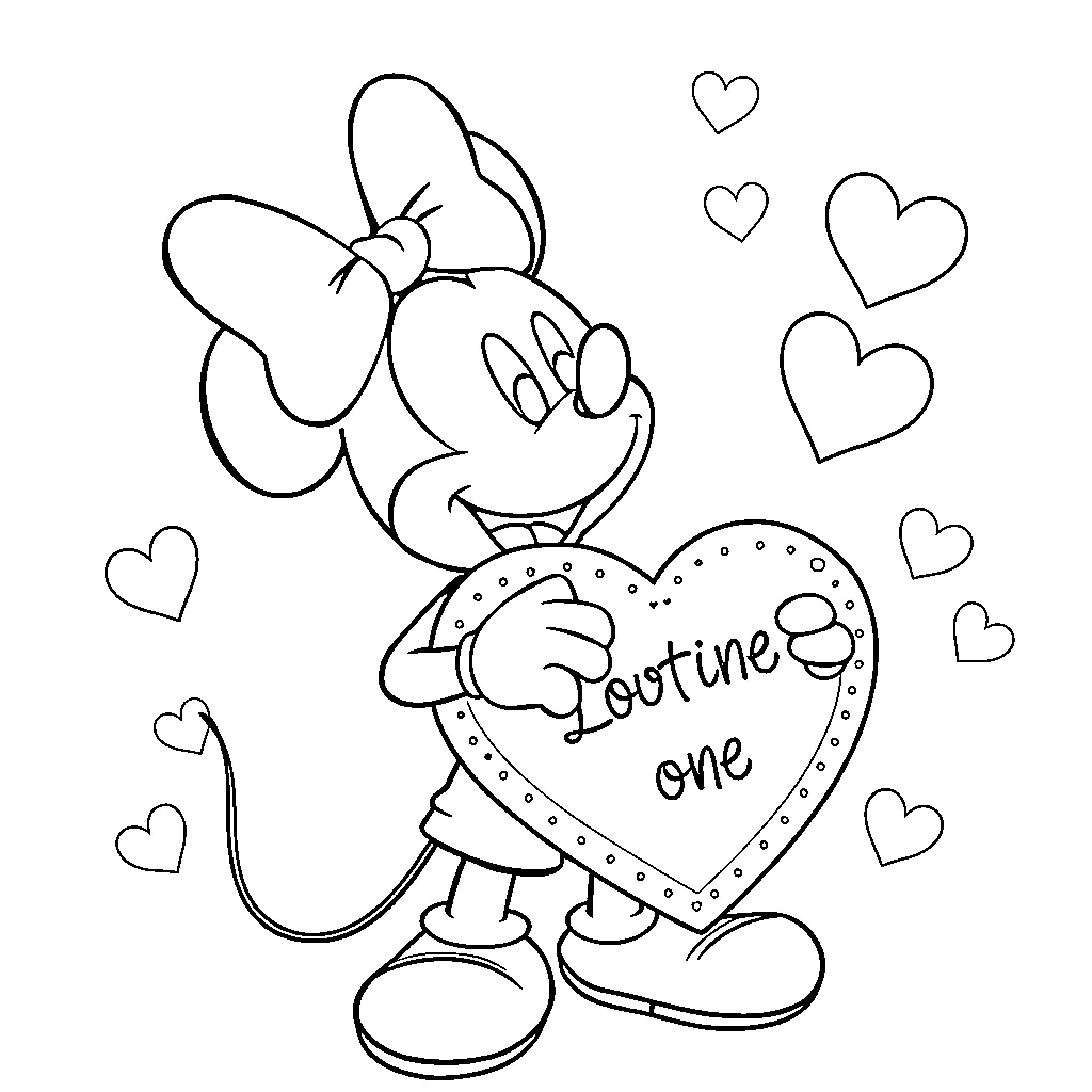 Mickey Mouse with heart-shaped 'Fortune One' sign Coloring Page (free black-and-white line drawing printable PDF for all, from beginners to advanced learners, including children, teens, adults, and seniors)