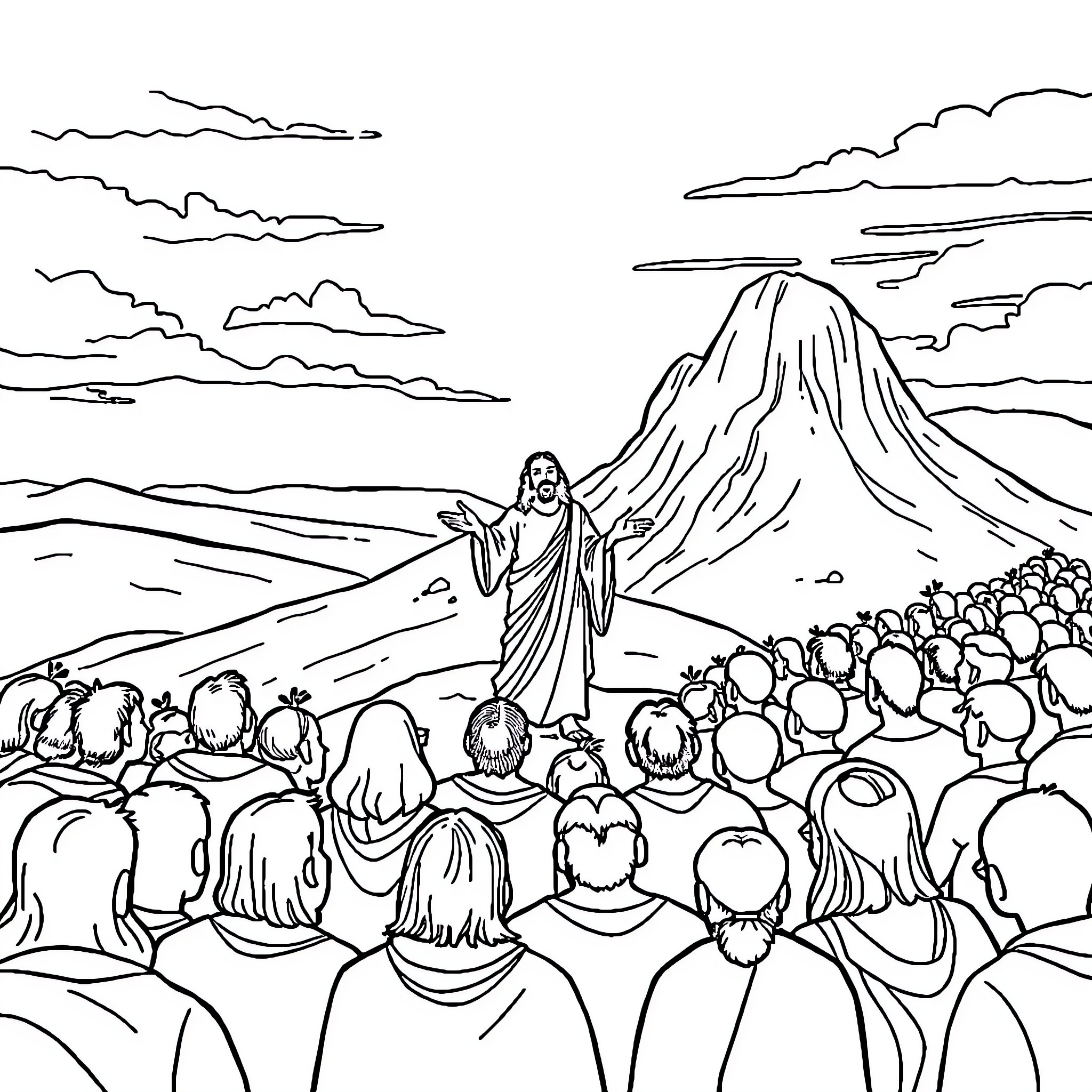 Jesus preaching to a crowd in the wilderness Coloring Page (free black-and-white line drawing printable PDF for all, from beginners to advanced learners, including children, teens, adults, and seniors)
