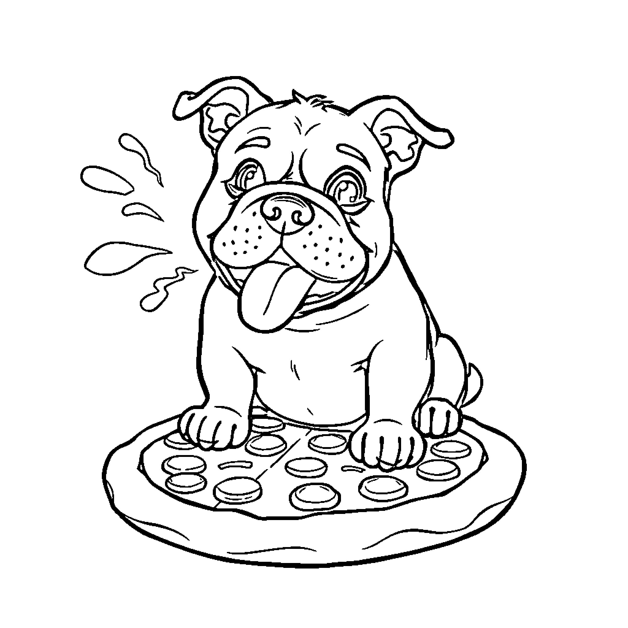 Dog playing with dog toys on a mat Coloring Page (free black-and-white line drawing printable PDF for all, from beginners to advanced learners, including children, teens, adults, and seniors)