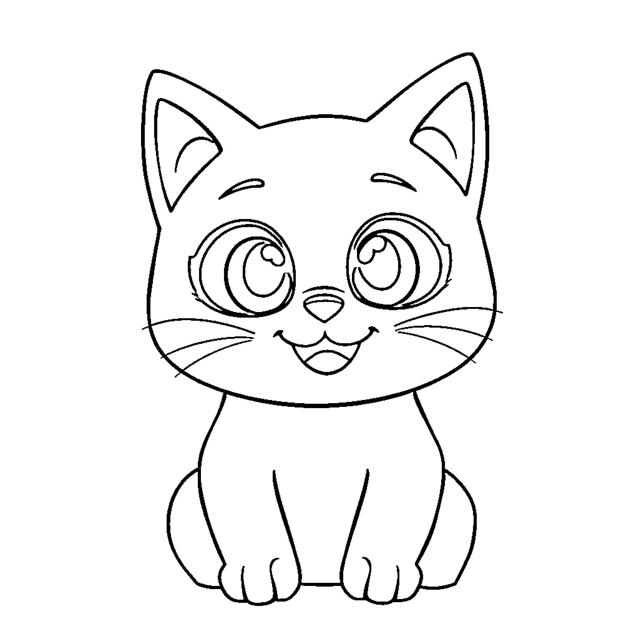 Kitty with big eyes and happy expression Coloring Page (free black-and-white line drawing printable PDF for all, from beginners to advanced learners, including children, teens, adults, and seniors)