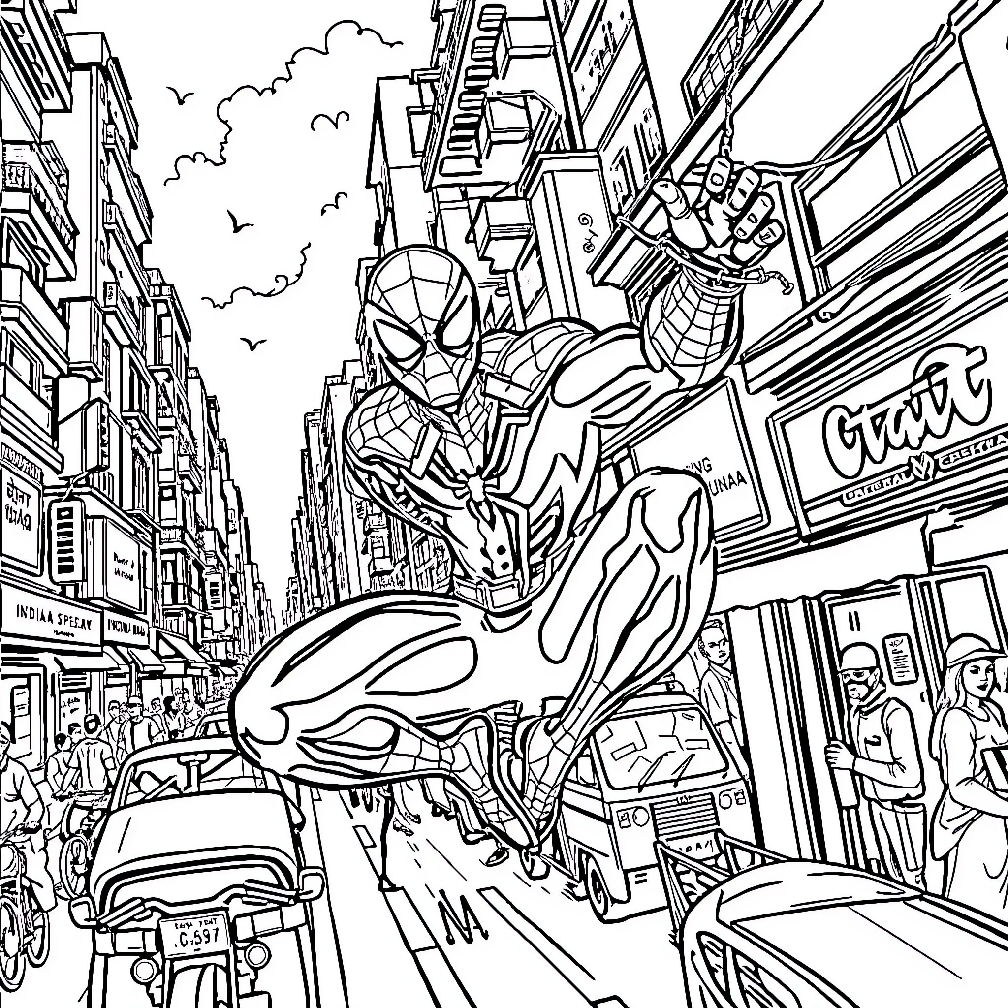 Spiderman swinging through a bustling city scene Coloring Page (free black-and-white line drawing printable PDF for all, from beginners to advanced learners, including children, teens, adults, and seniors)