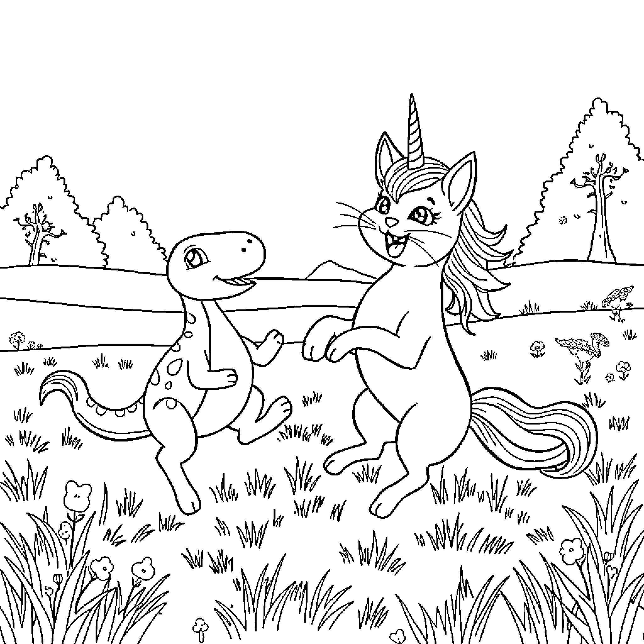 Unicorn Cat frolicking joyfully with a friendly dinosaur Coloring Page (free black-and-white line drawing printable PDF for all, from beginners to advanced learners, including children, teens, adults, and seniors)