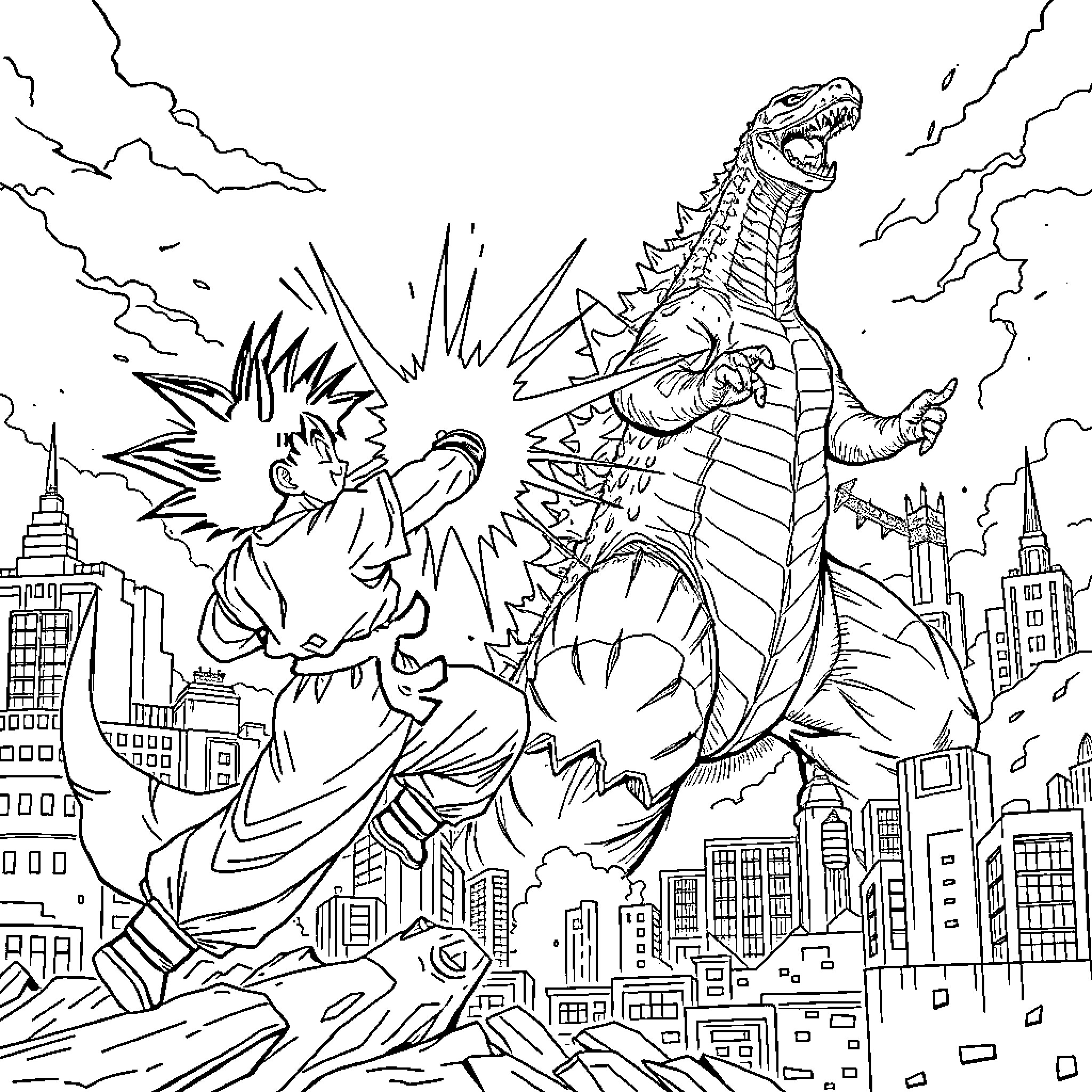 Son Goku battles a monstrous creature in the city Coloring Page (free black-and-white line drawing printable PDF for all, from beginners to advanced learners, including children, teens, adults, and seniors)
