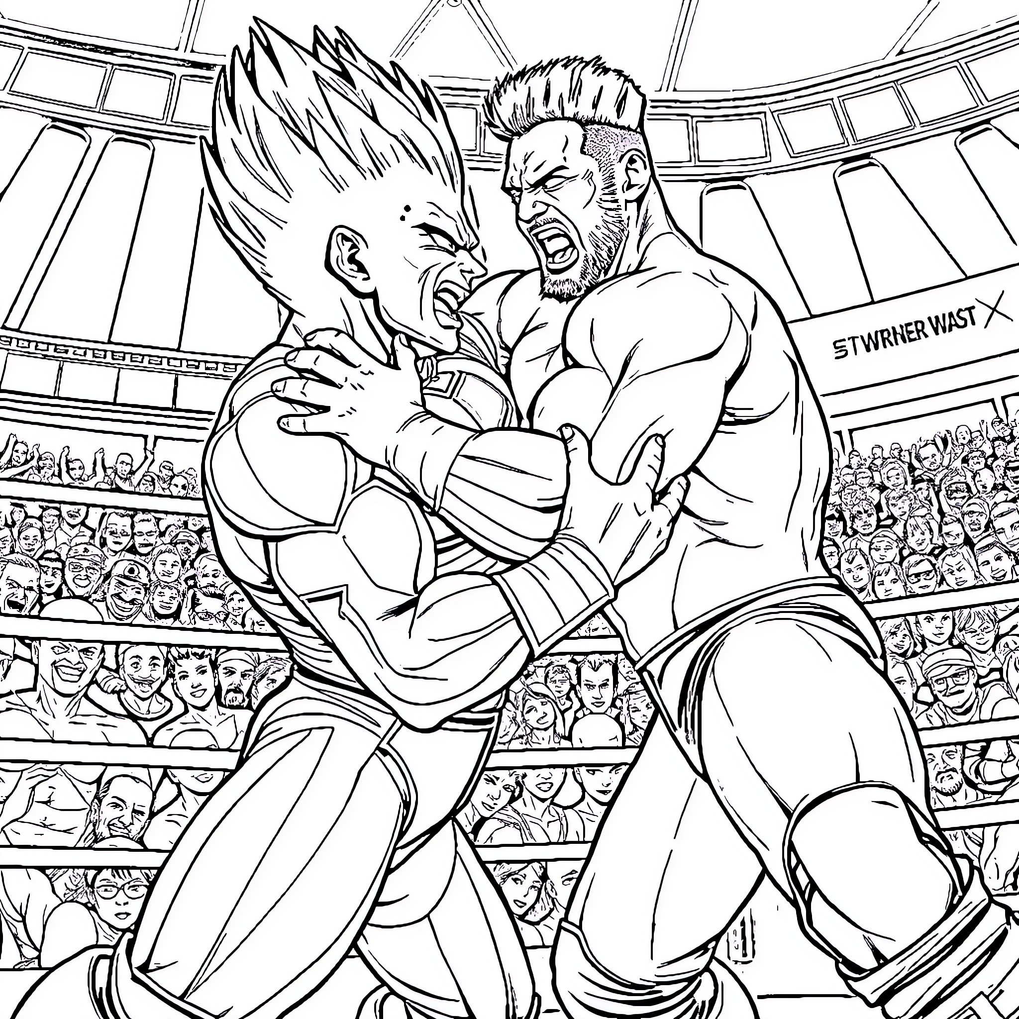 Vegeta engaging in intense battle in fighting arena Coloring Page (free black-and-white line drawing printable PDF for all, from beginners to advanced learners, including children, teens, adults, and seniors)