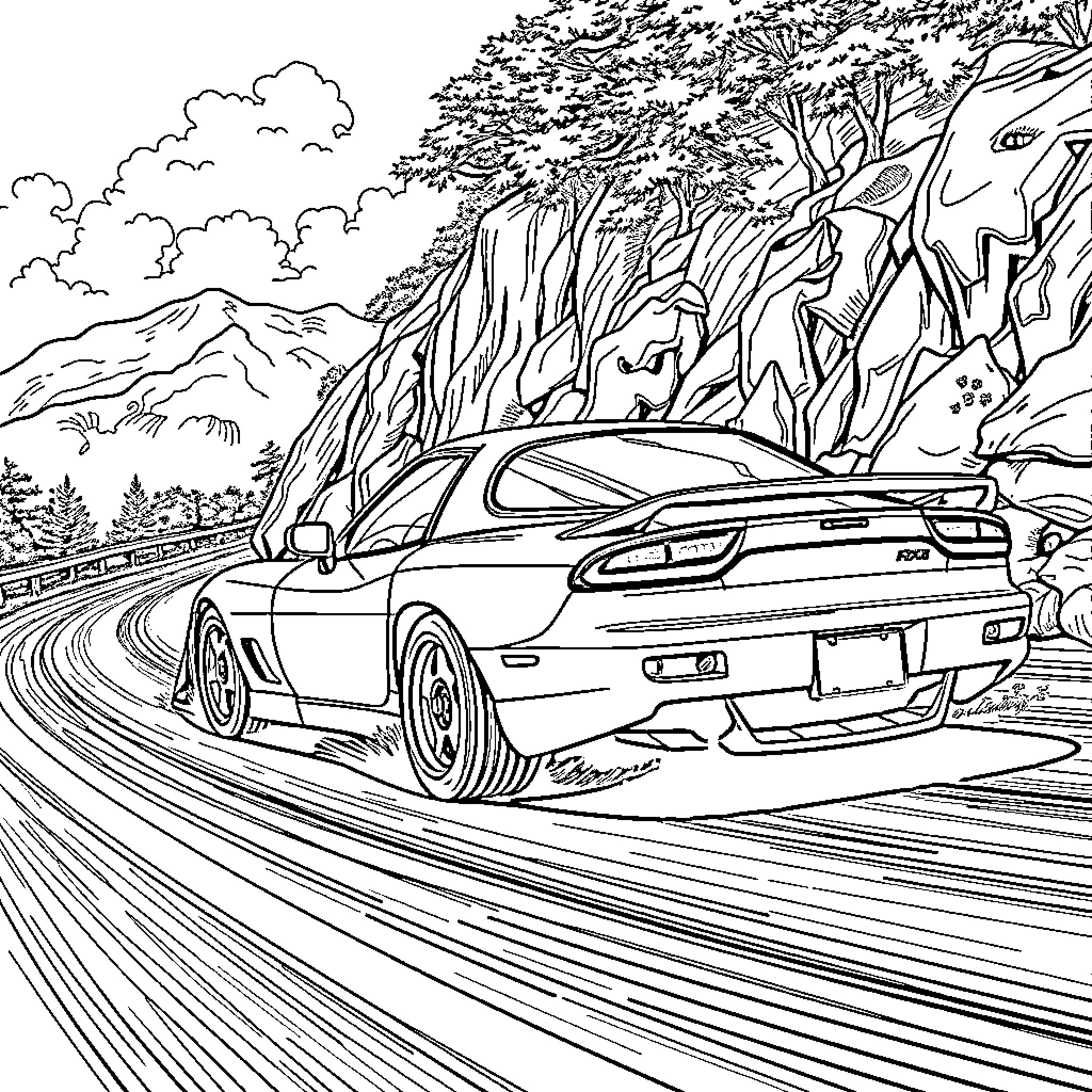 Mazda RX-7 speeding through winding mountain road Coloring Page (free black-and-white line drawing printable PDF for all, from beginners to advanced learners, including children, teens, adults, and seniors)