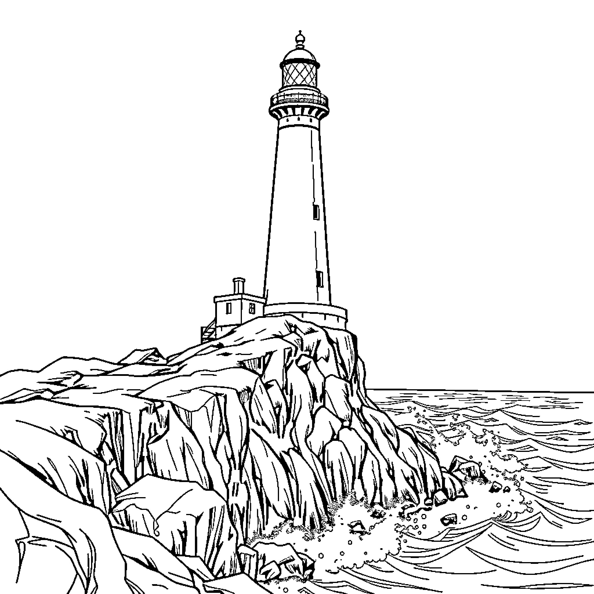 Lighthouse standing tall on rugged coastal cliffs Coloring Page (free black-and-white line drawing printable PDF for all, from beginners to advanced learners, including children, teens, adults, and seniors)