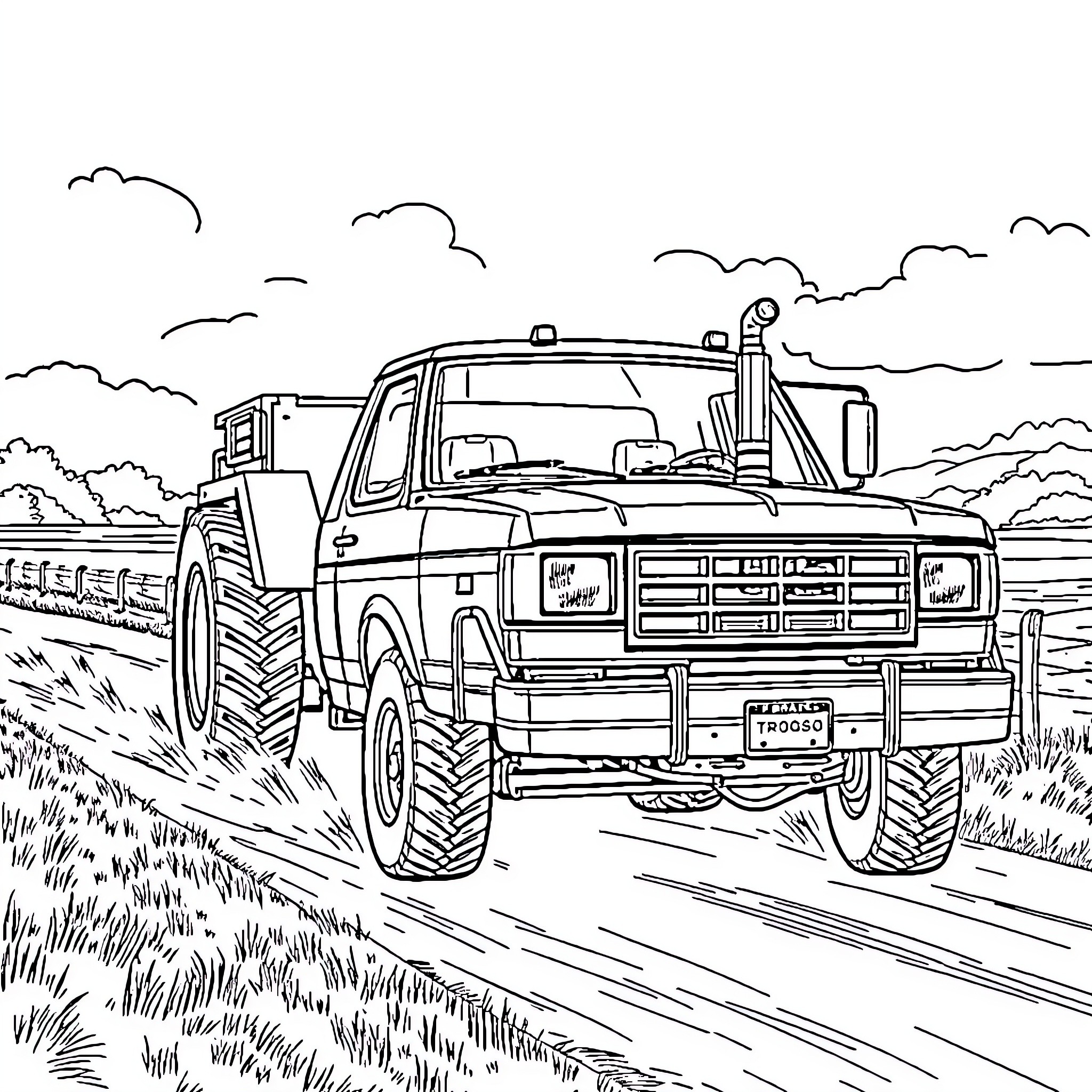 Ford Bronco Monster Truck Adventure on the Road Coloring Page (free black-and-white line drawing printable PDF for all, from beginners to advanced learners, including children, teens, adults, and seniors)