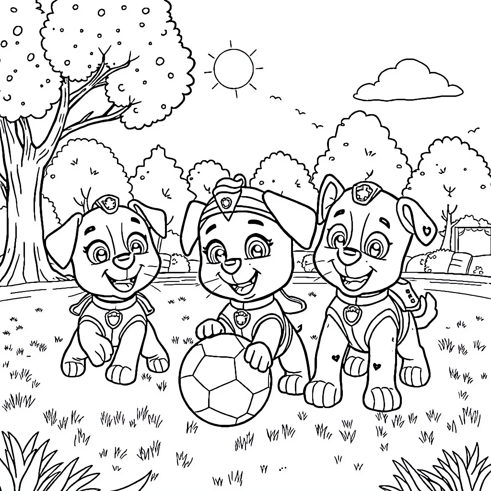 Cocomelon Characters Playing in the Park Coloring Page (free black-and-white line drawing printable PDF for all, from beginners to advanced learners, including children, teens, adults, and seniors)