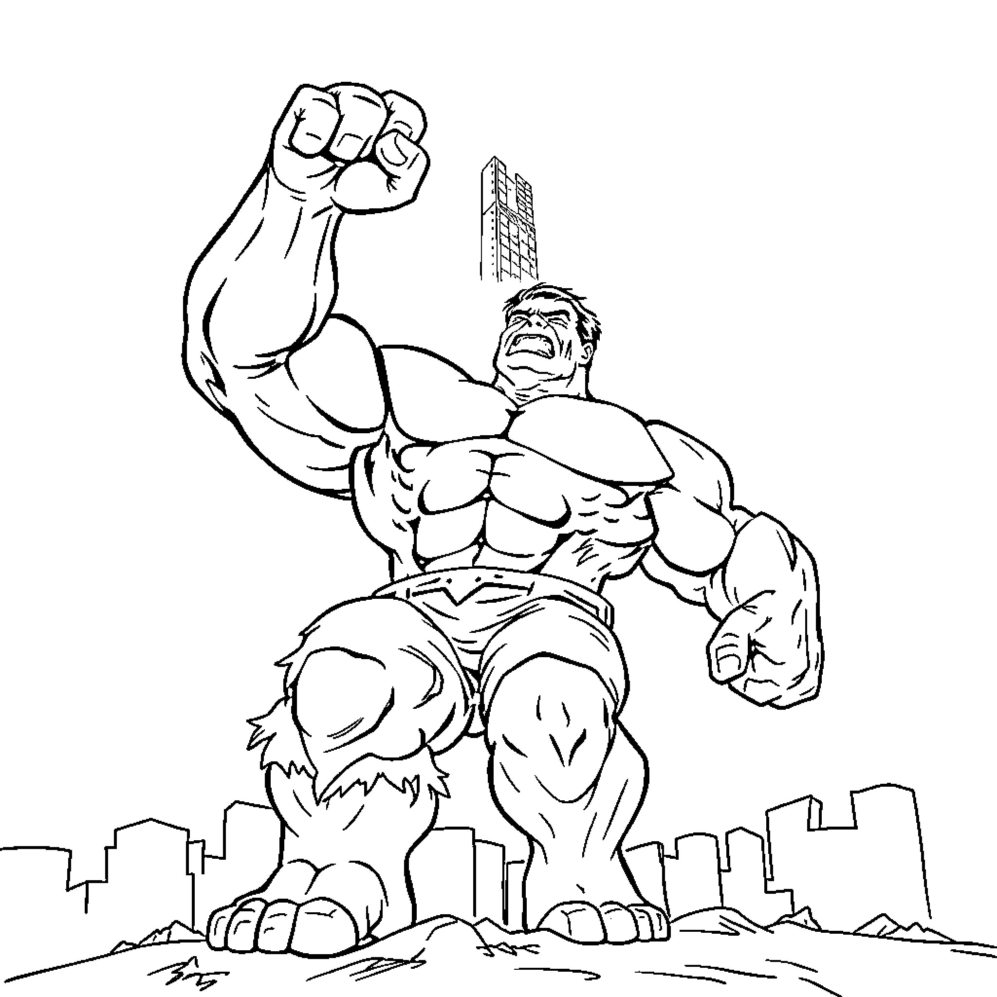 Hulk smashing through the city skyline Coloring Page (free black-and-white line drawing printable PDF for all, from beginners to advanced learners, including children, teens, adults, and seniors)
