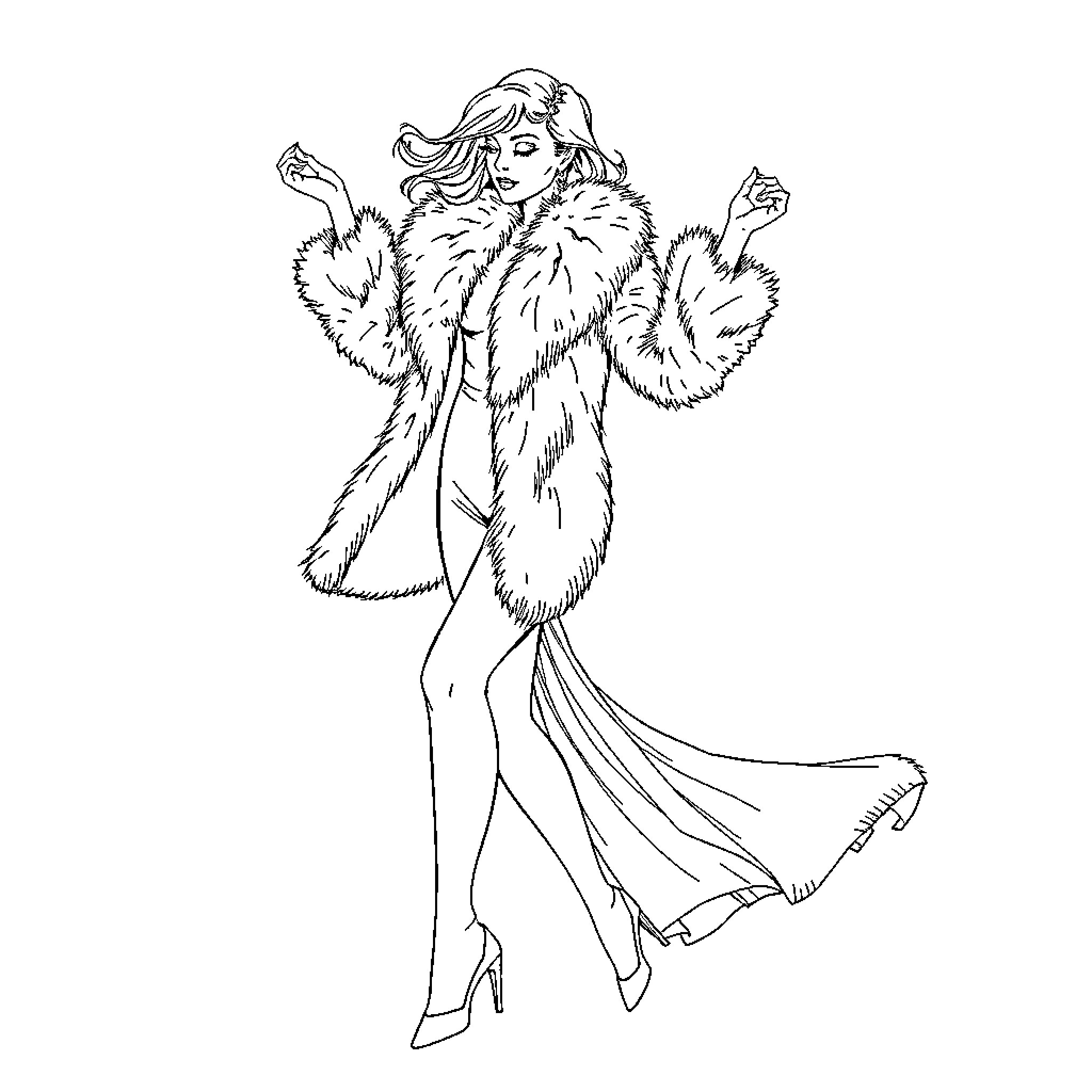 Woman posing in stylish fur coat Coloring Page (free black-and-white line drawing printable PDF for all, from beginners to advanced learners, including children, teens, adults, and seniors)