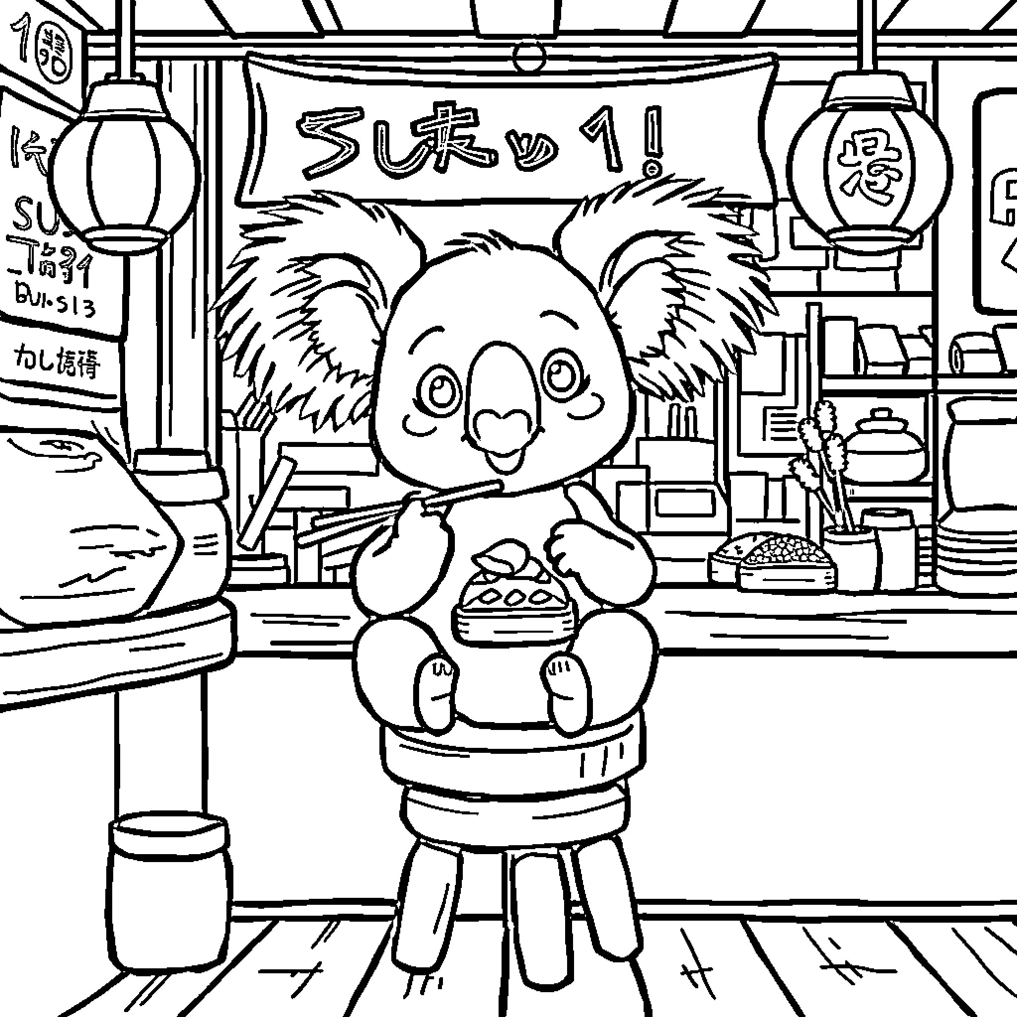 Koala Enjoying Snacks in Japanese Market Coloring Page (free black-and-white line drawing printable PDF for all, from beginners to advanced learners, including children, teens, adults, and seniors)