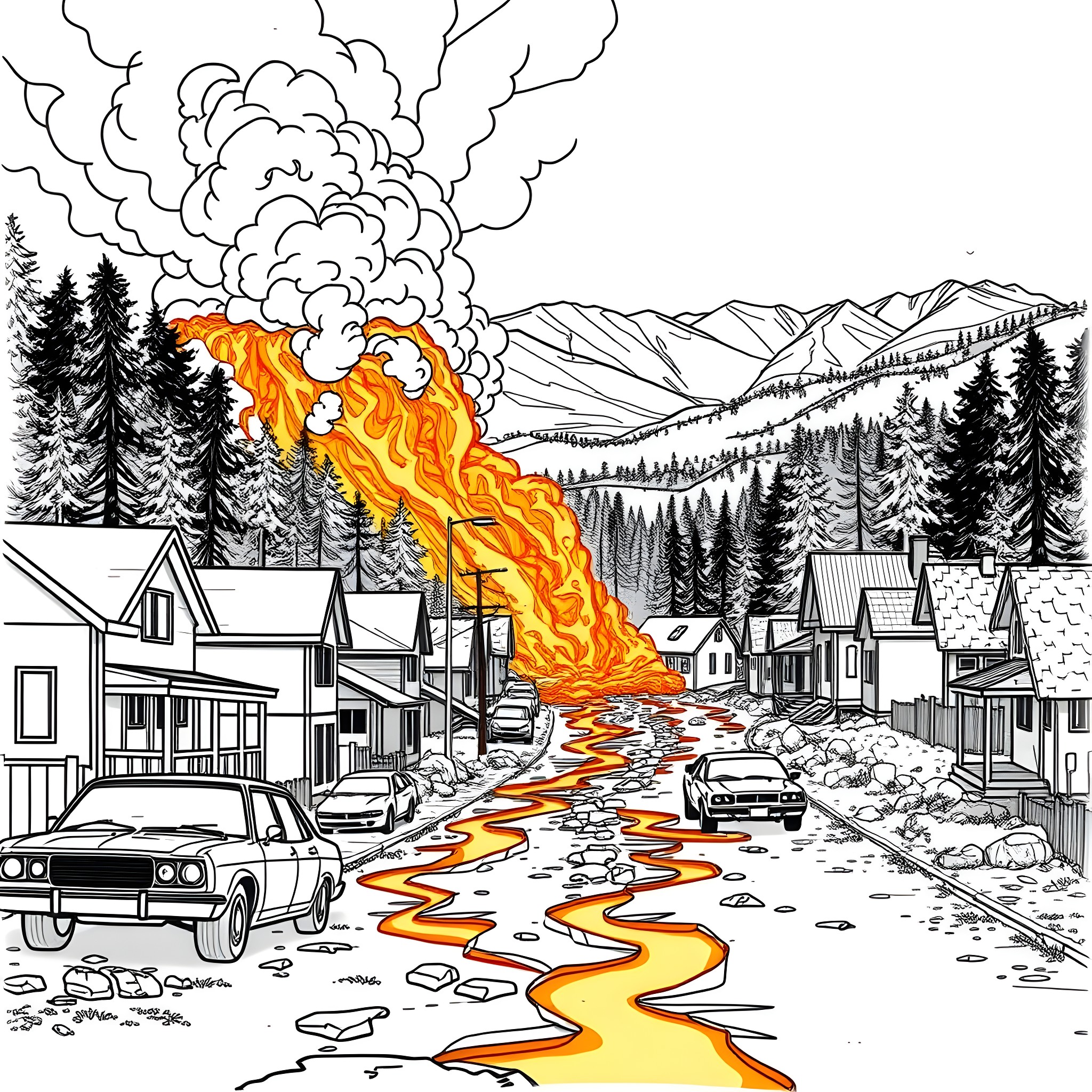 Volcano erupting in a mountain town Coloring Page (free black-and-white line drawing printable PDF for all, from beginners to advanced learners, including children, teens, adults, and seniors)